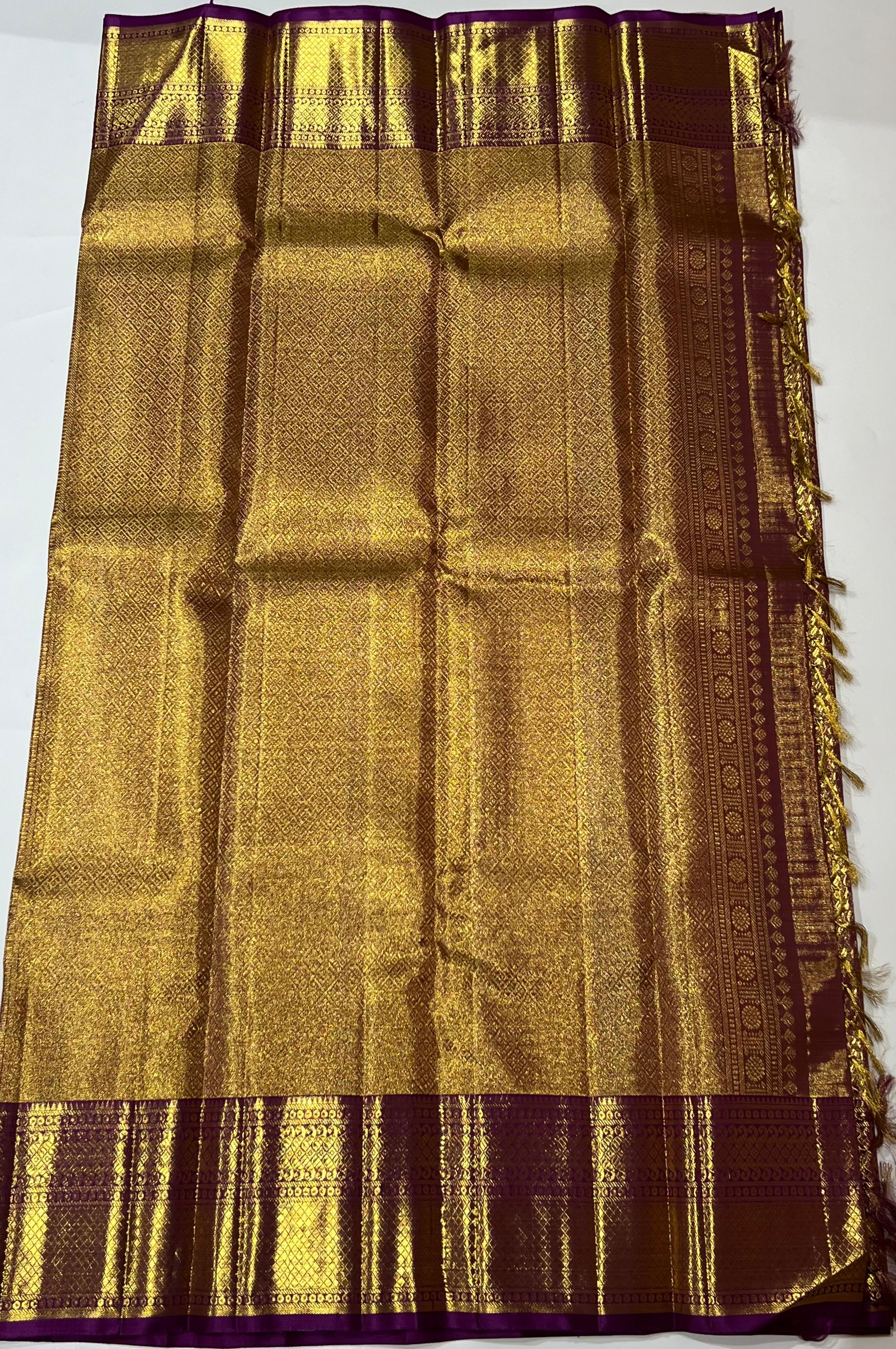 Violet and golden Kanjeevaram silk saree