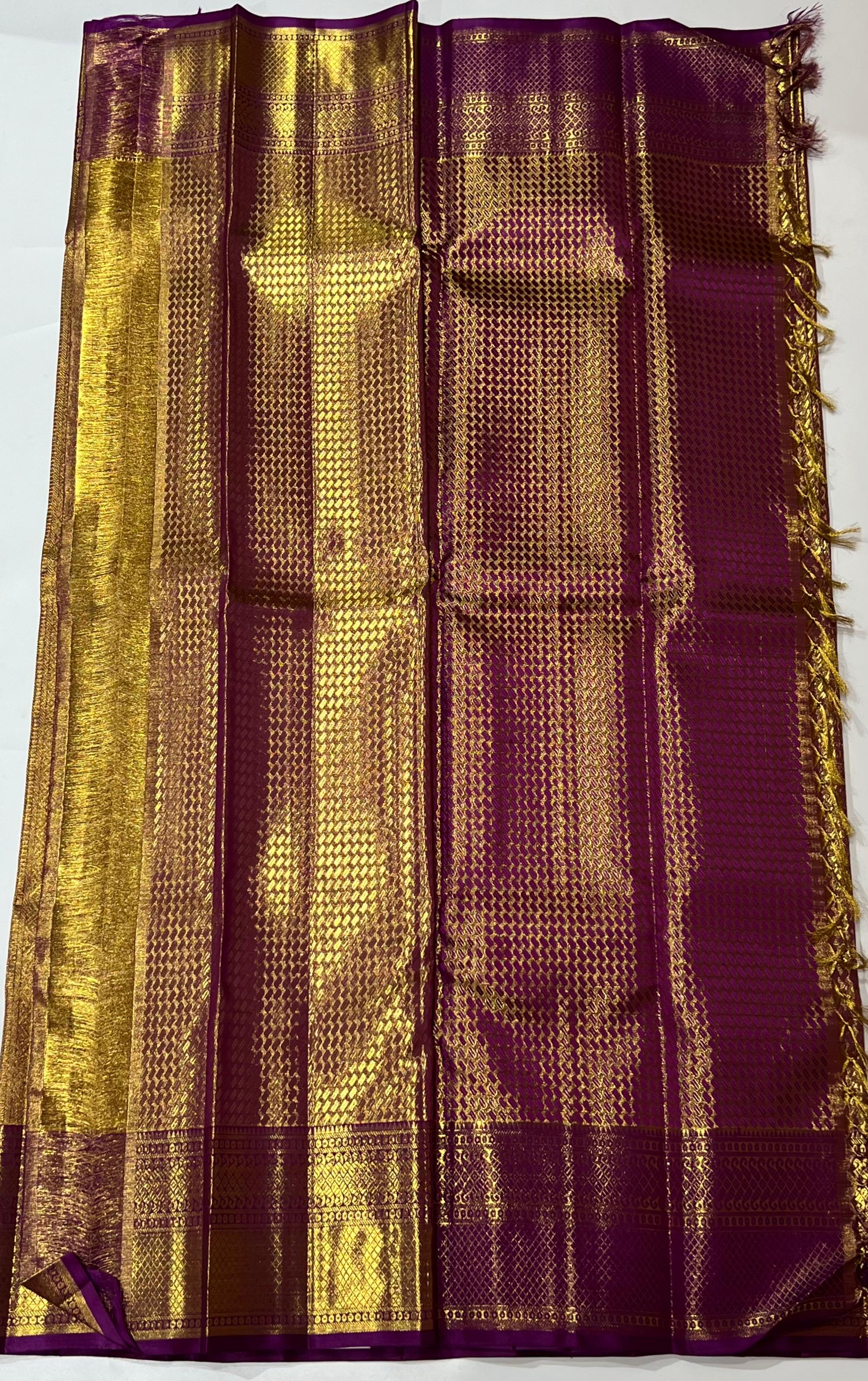 Violet and golden Kanjeevaram silk saree