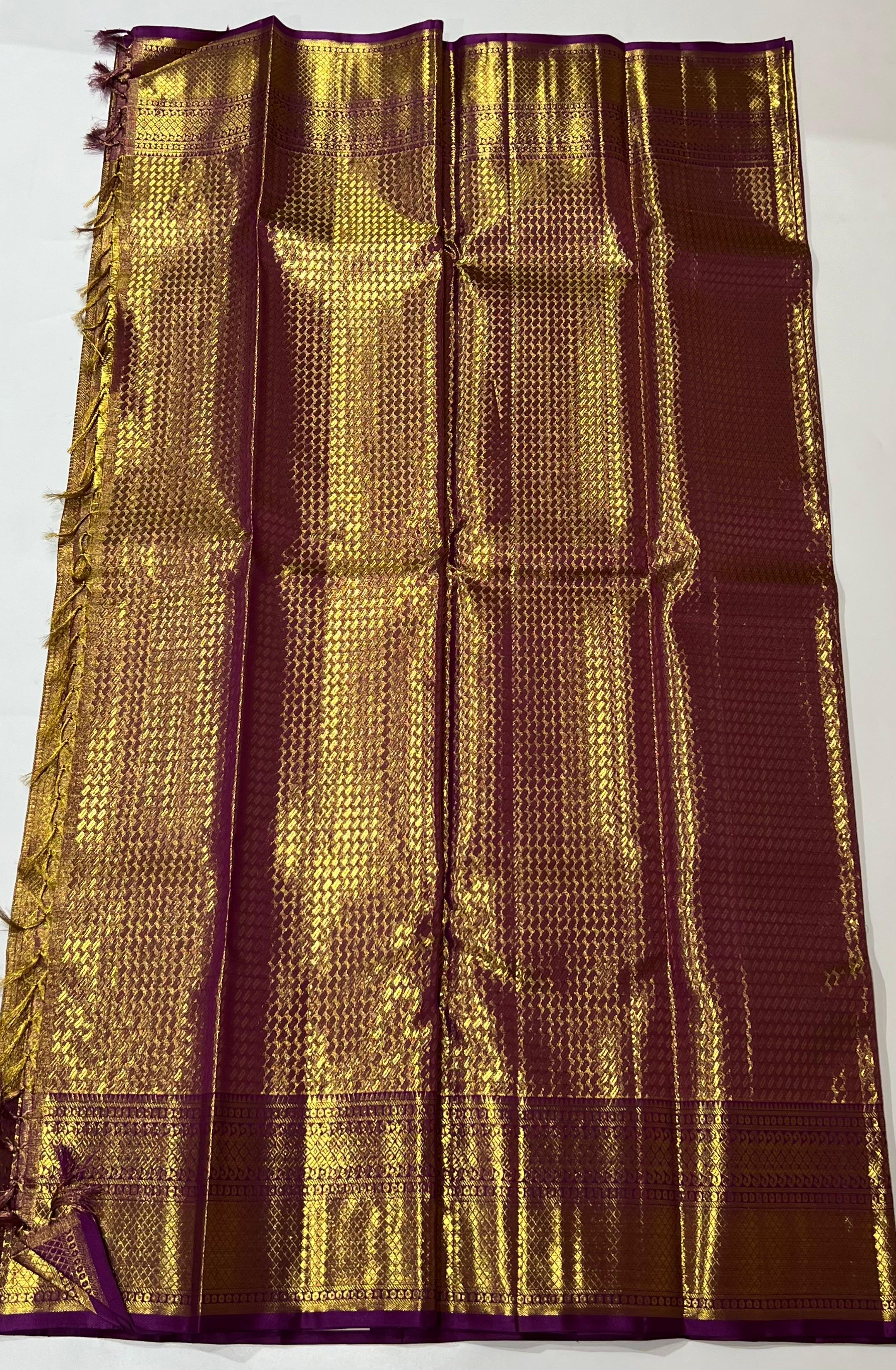 Violet and golden Kanjeevaram silk saree