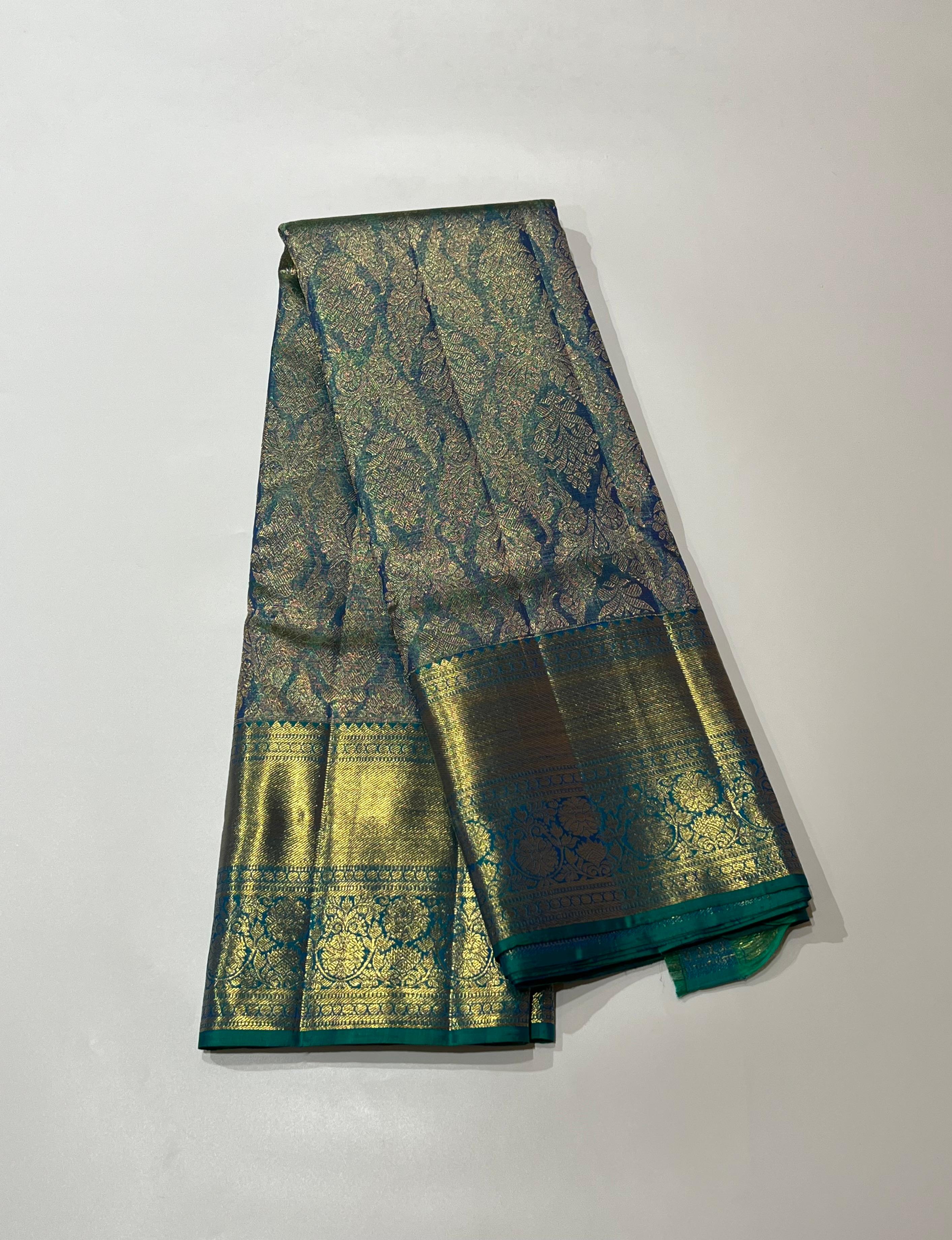Blueish green and golden Kanjeevaram silk saree