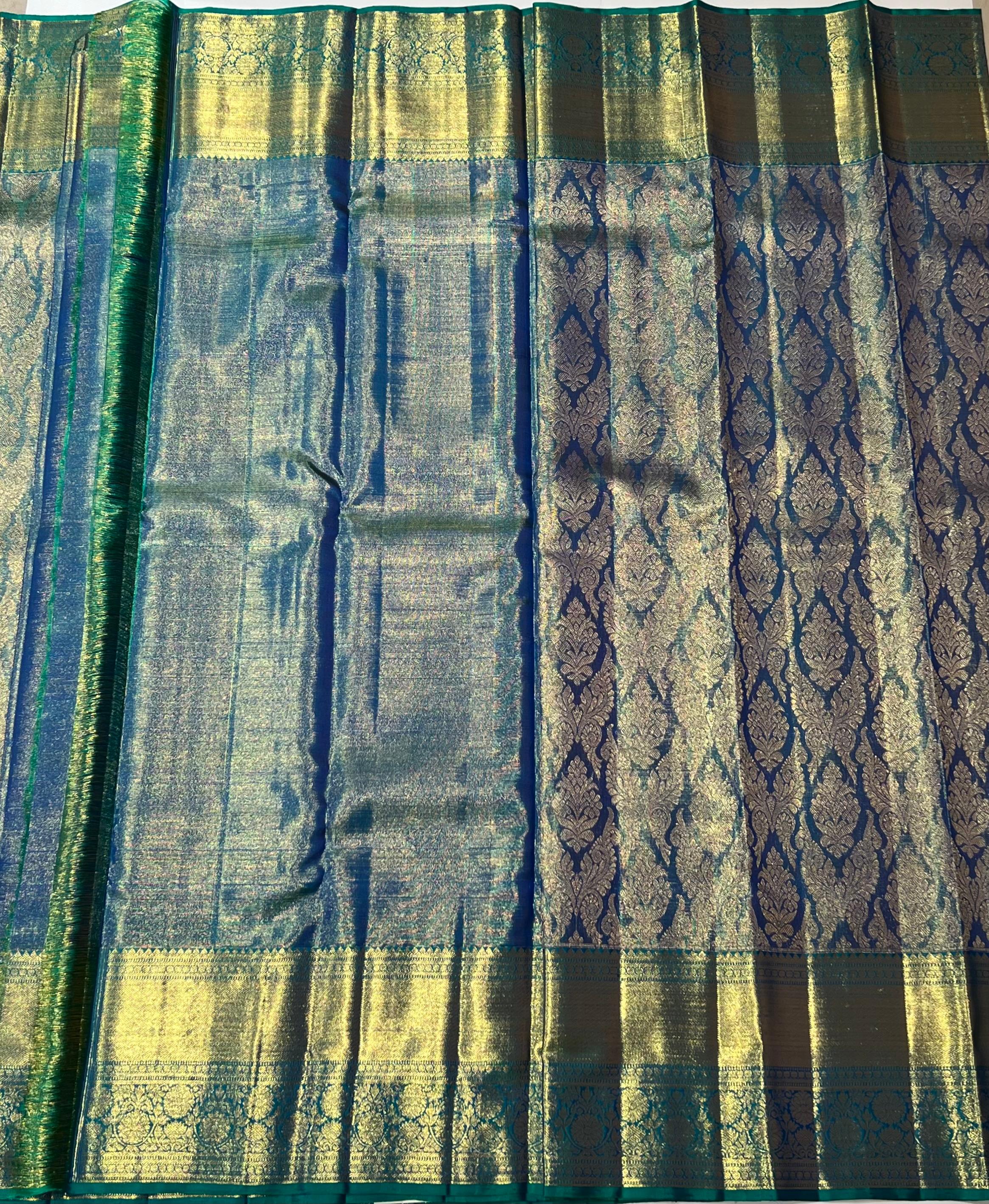 Blueish green and golden Kanjeevaram silk saree