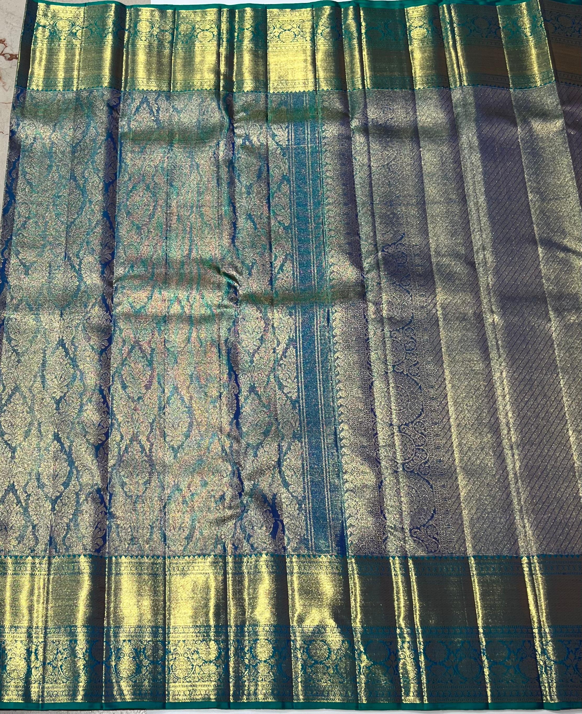 Blueish green and golden Kanjeevaram silk saree