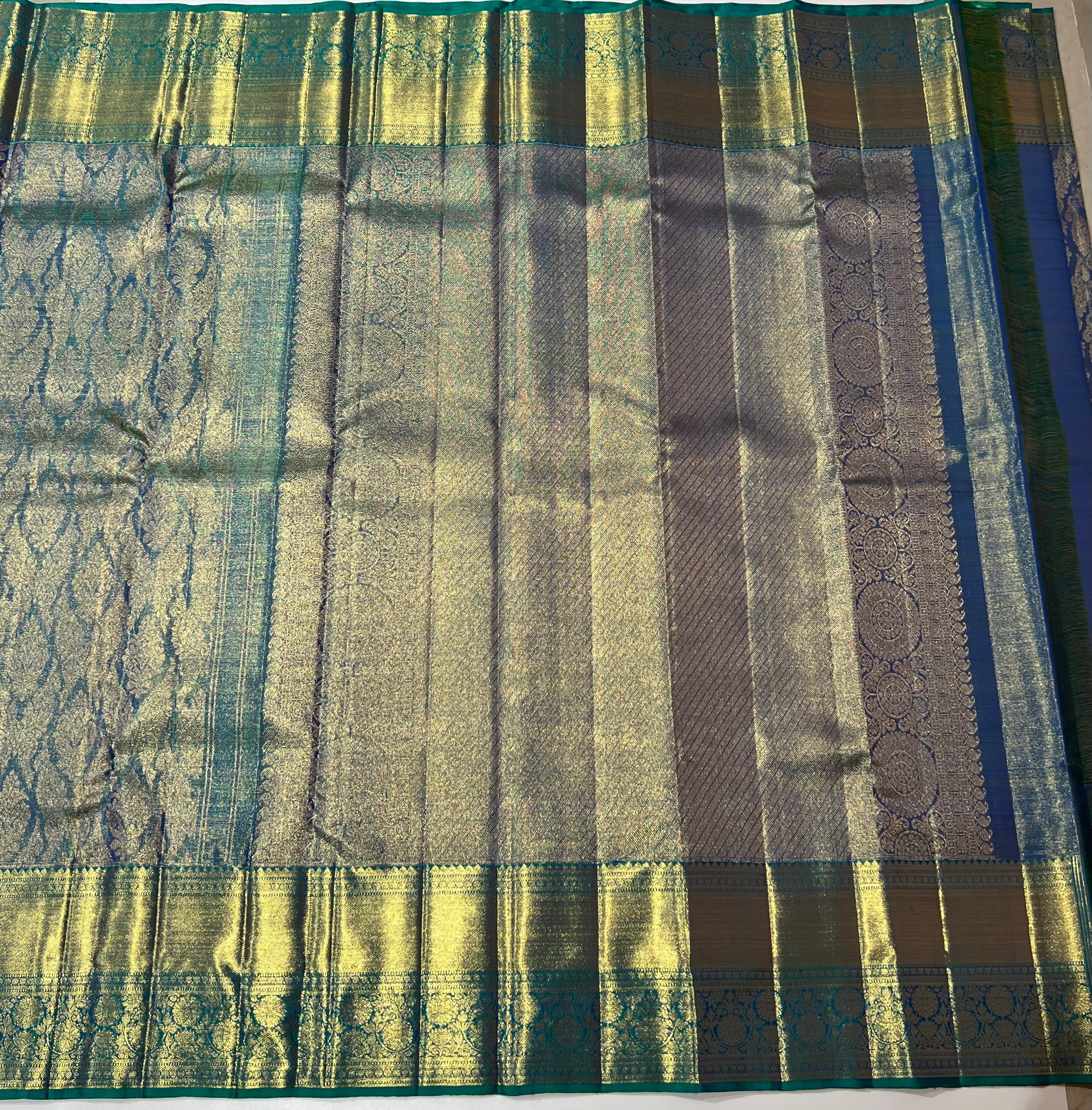 Blueish green and golden Kanjeevaram silk saree