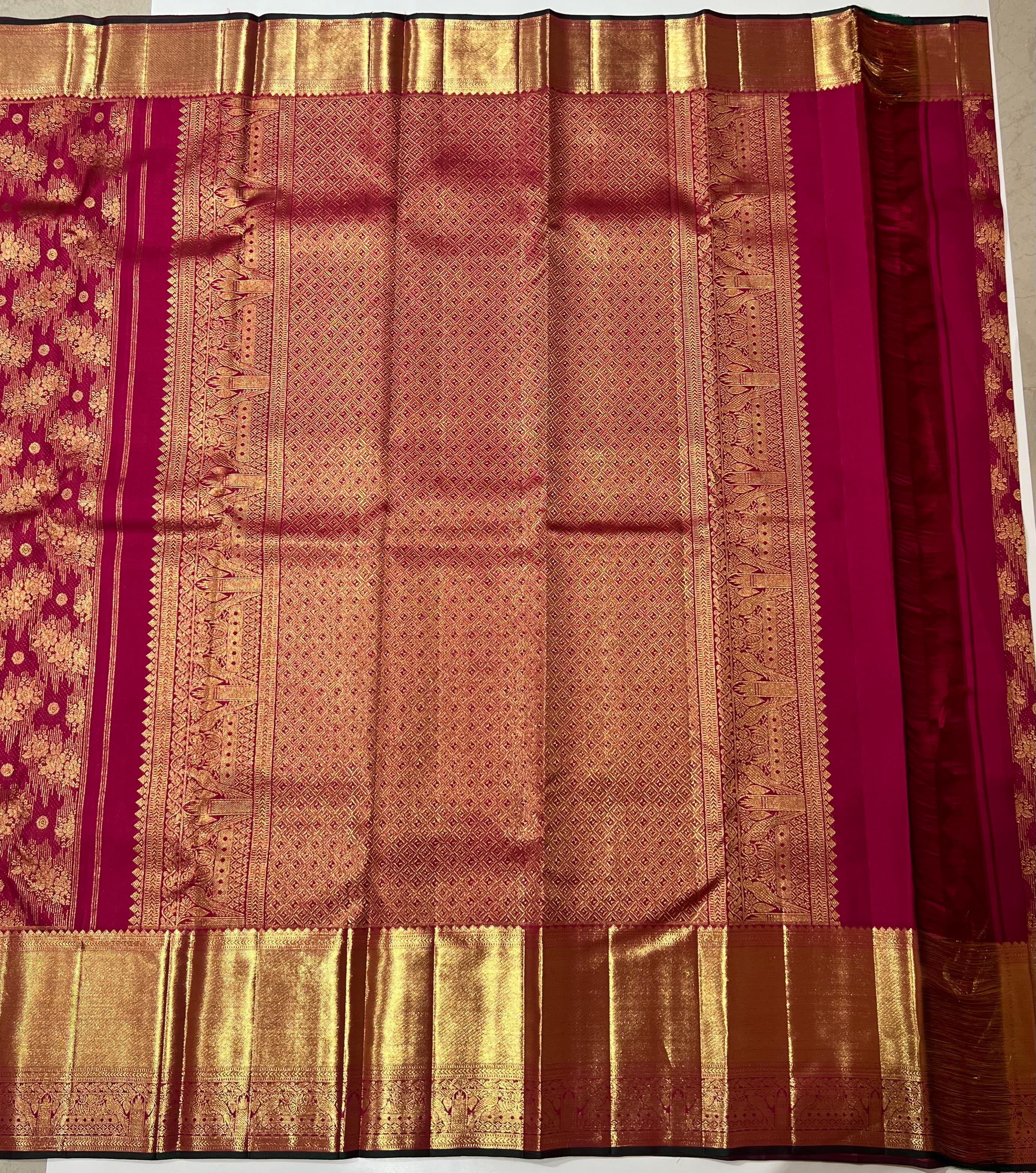 Rani pink with golden zari work Kanjeevaram silk saree