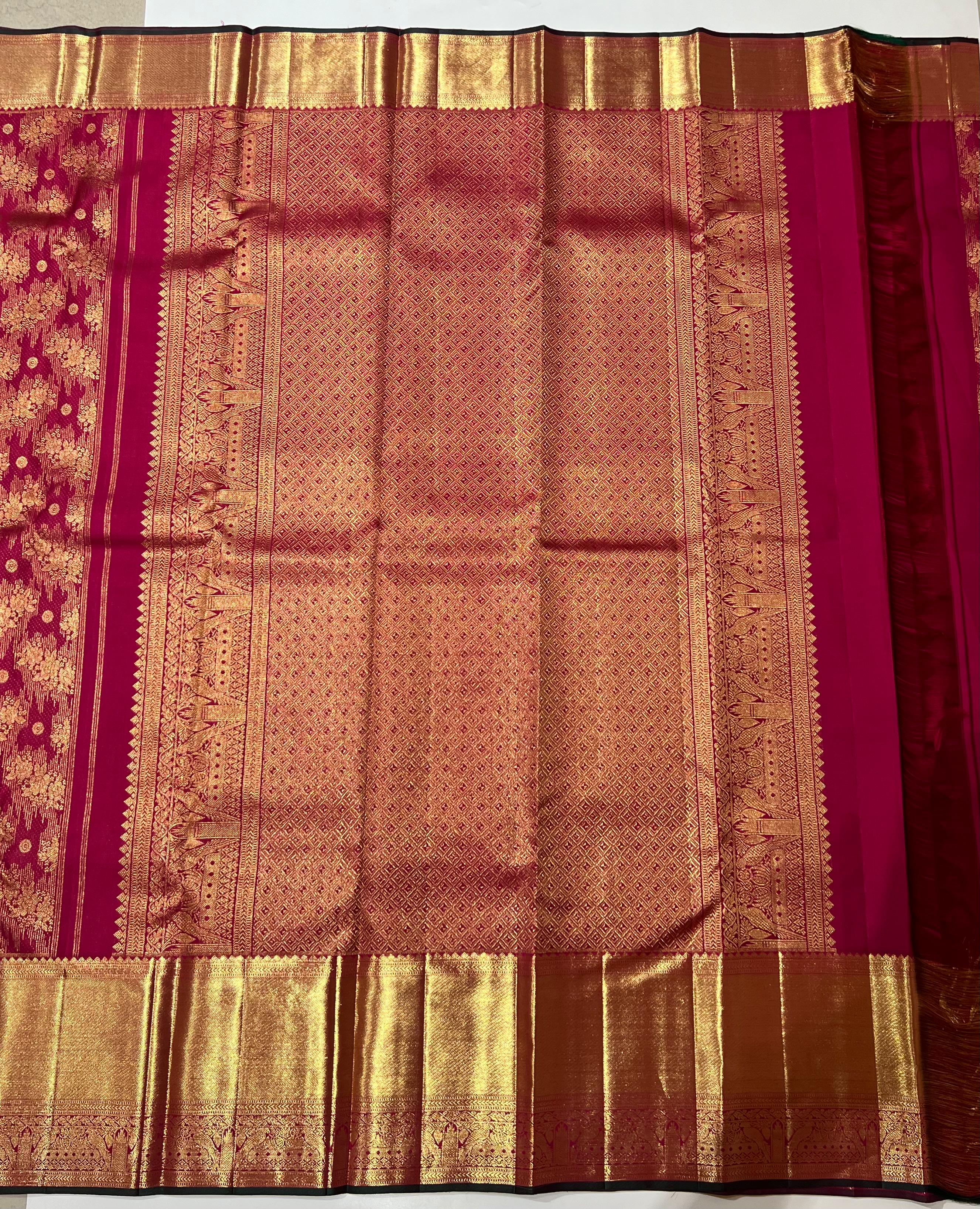 Rani pink with golden zari work Kanjeevaram silk saree