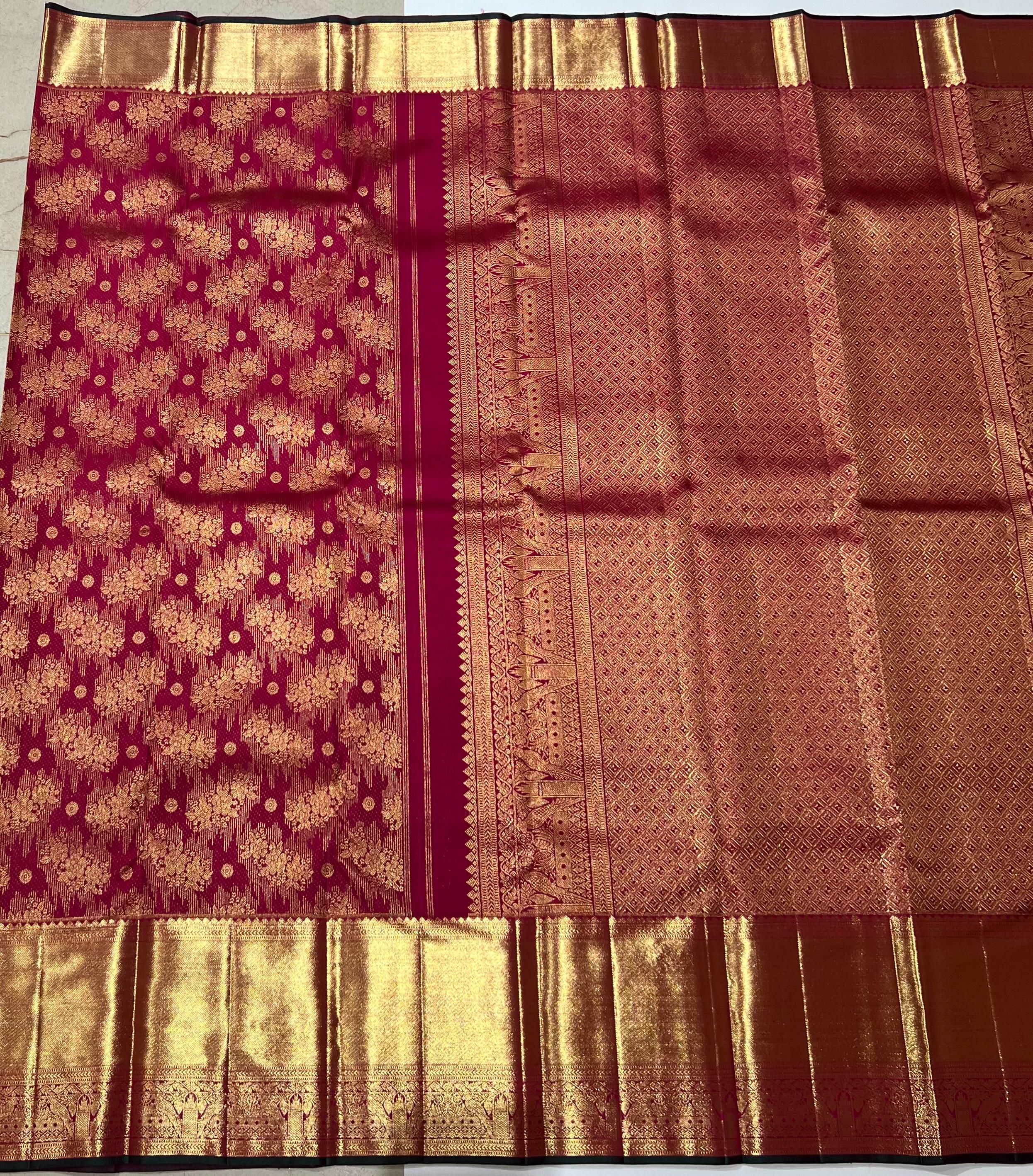 Rani pink with golden zari work Kanjeevaram silk saree