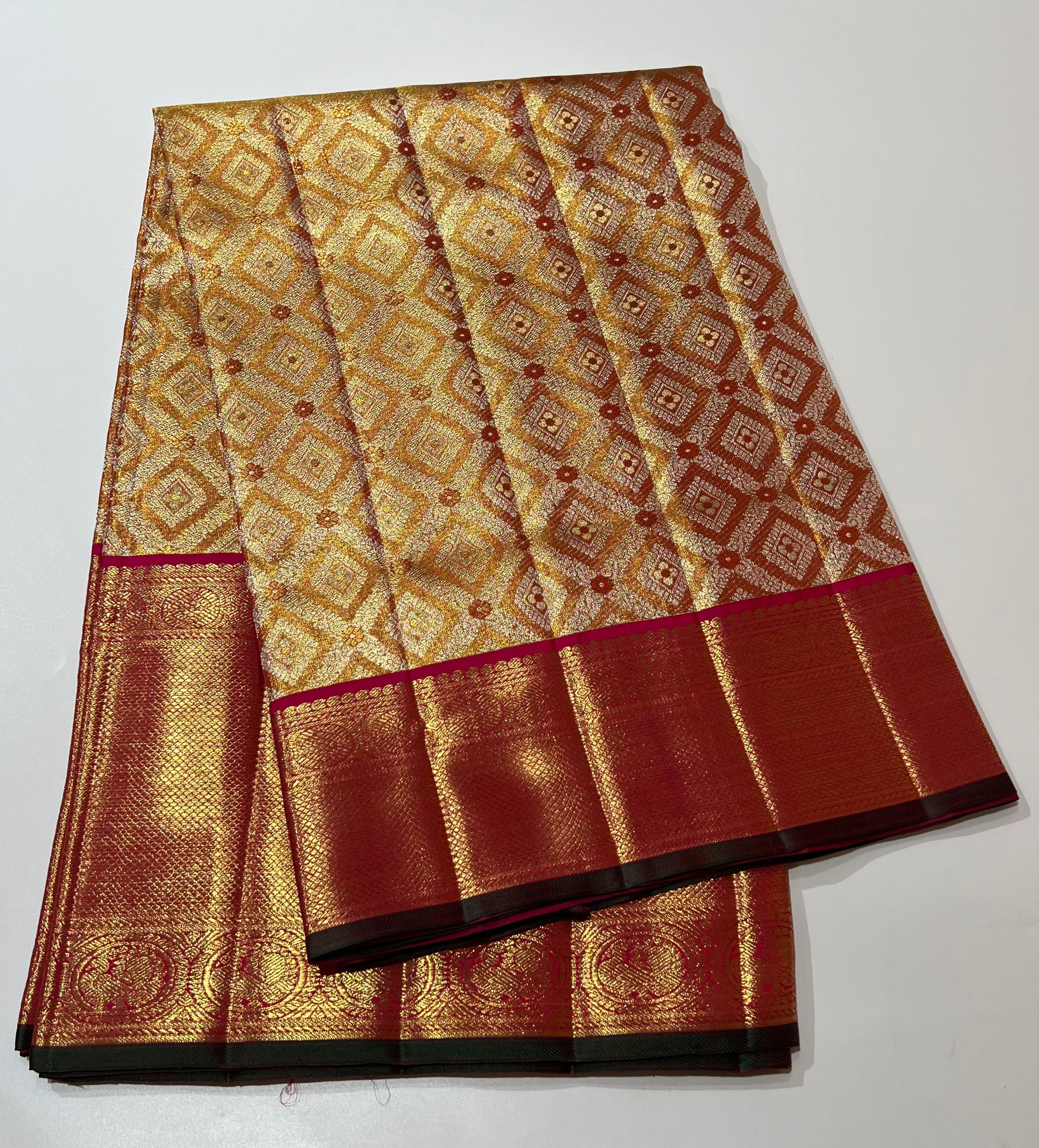 Golden Diamond pattern Kanjeevaram silk saree