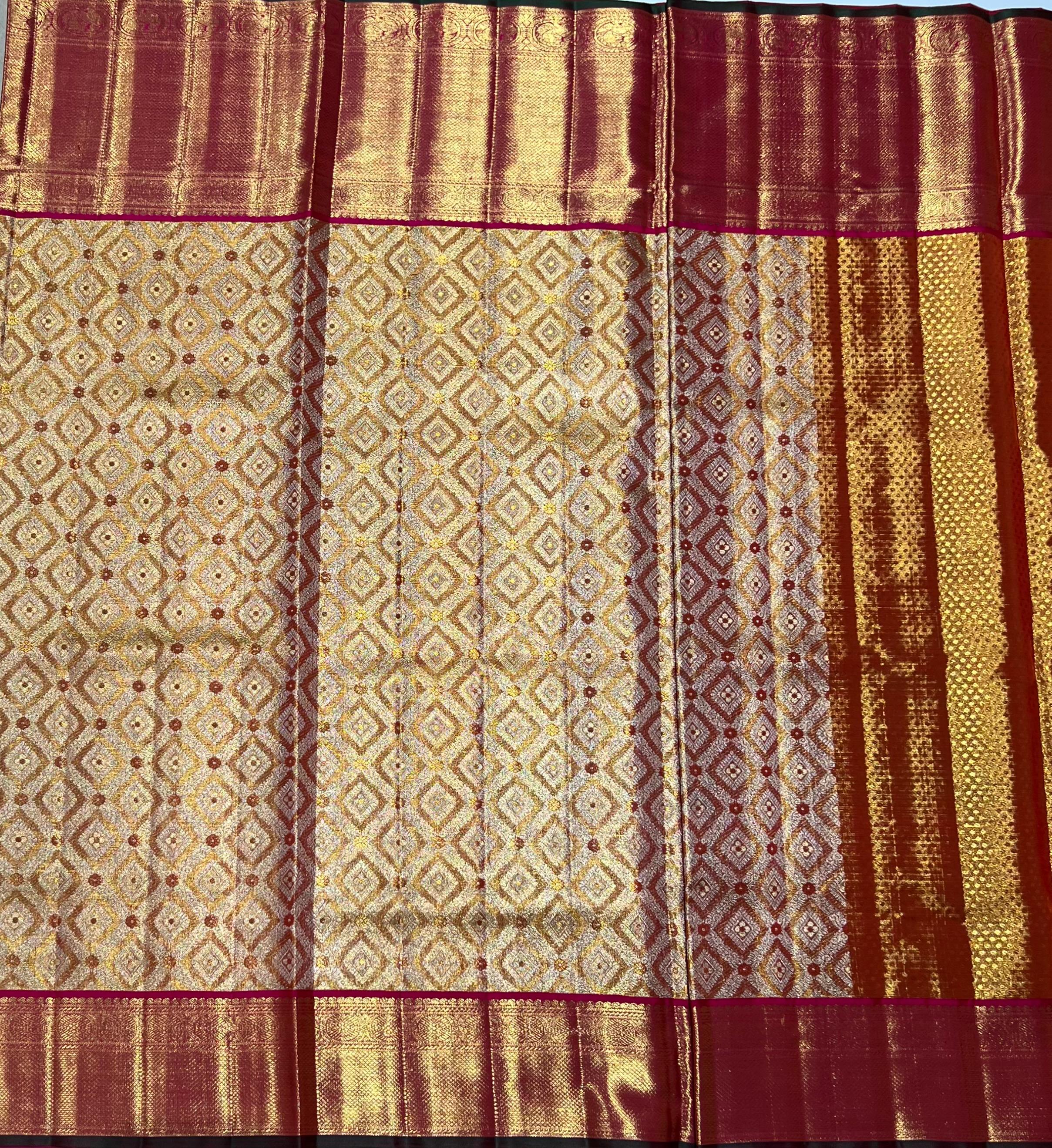 Golden Diamond pattern Kanjeevaram silk saree