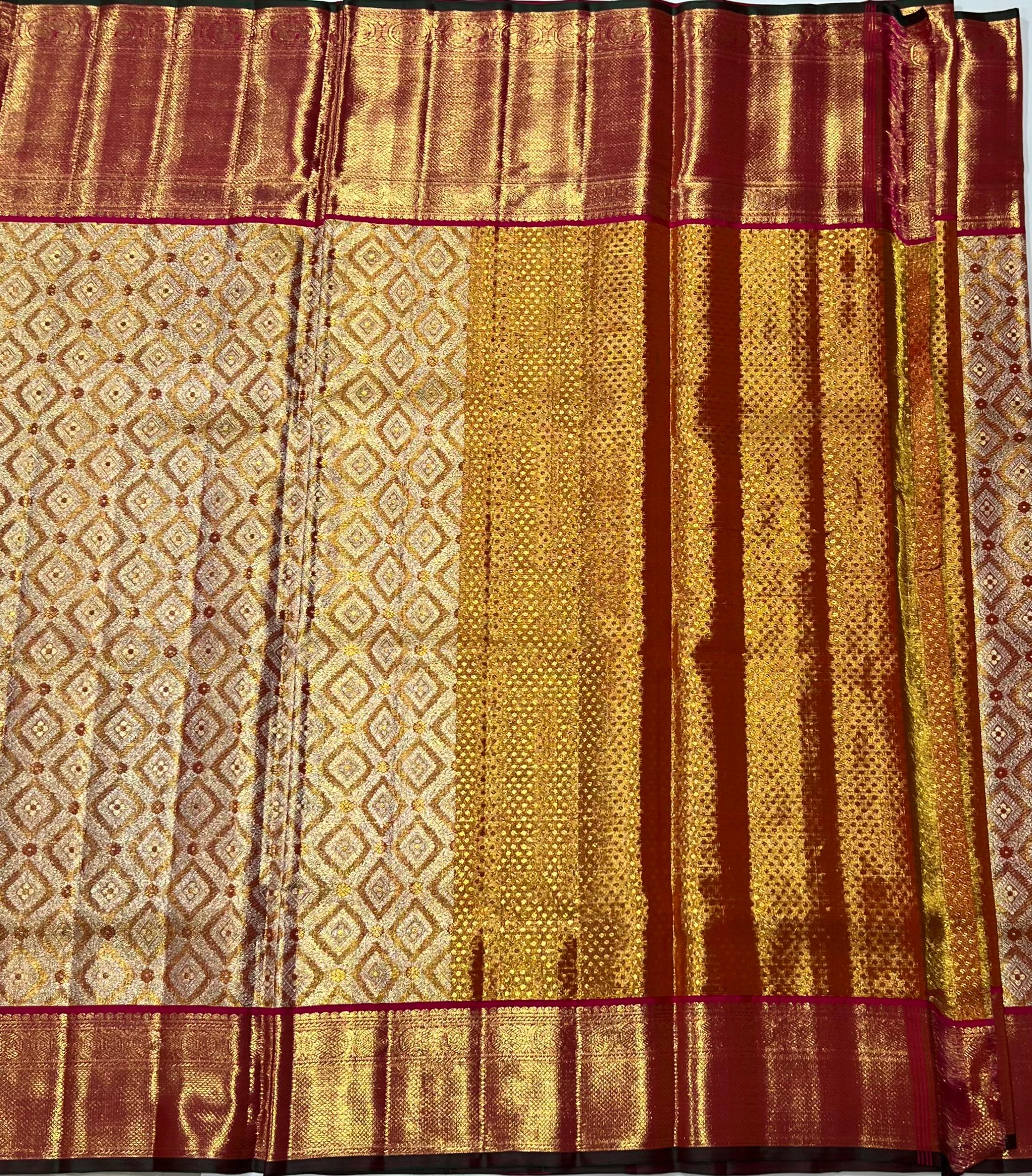 Golden Diamond pattern Kanjeevaram silk saree