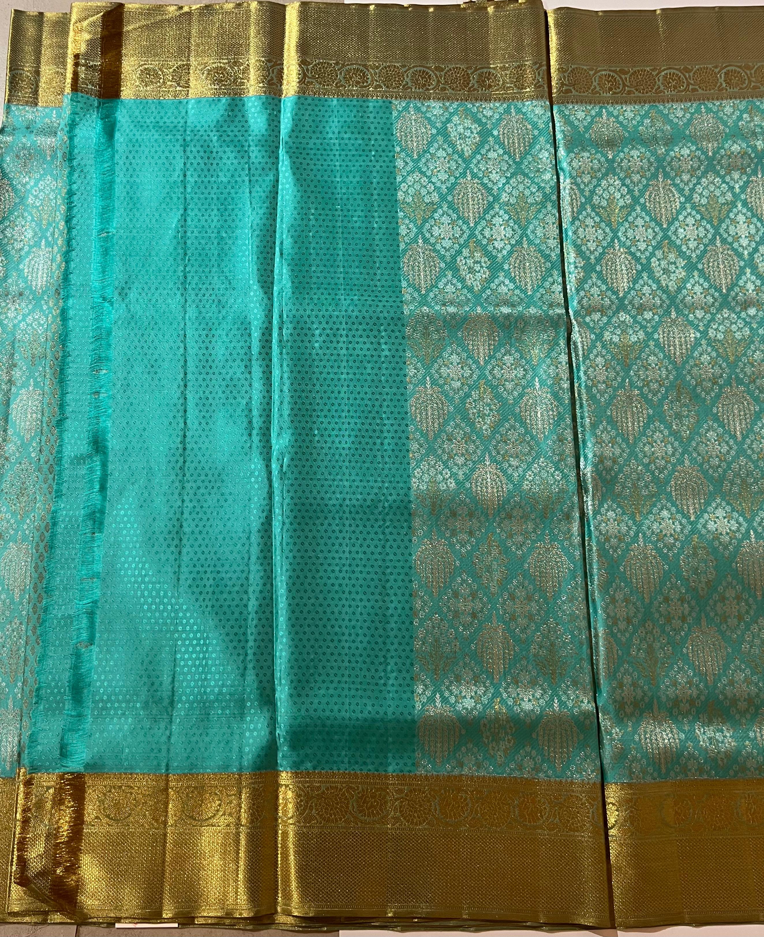 Seablue and golden Kanjeevaram silk saree
