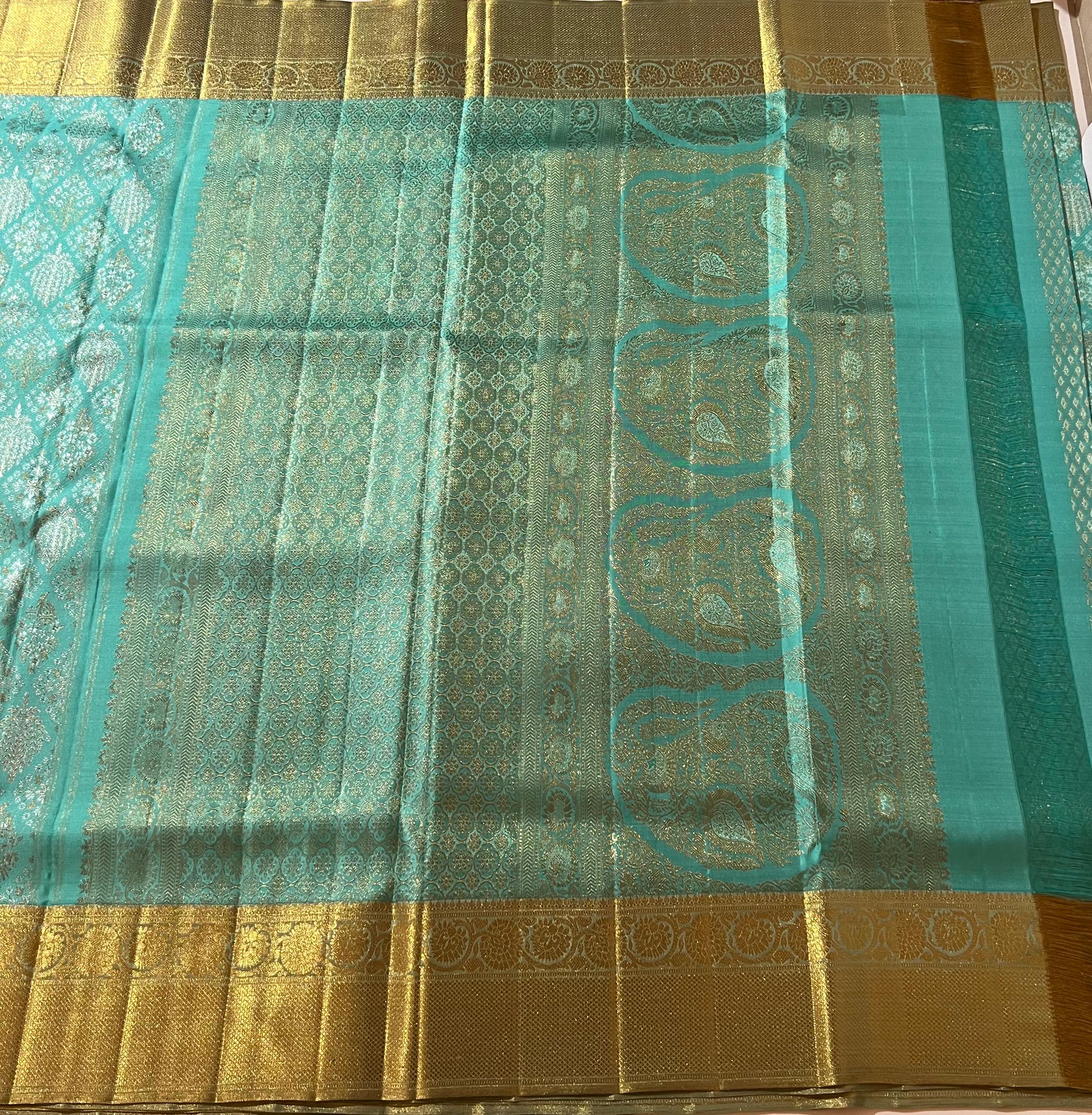 Seablue and golden Kanjeevaram silk saree