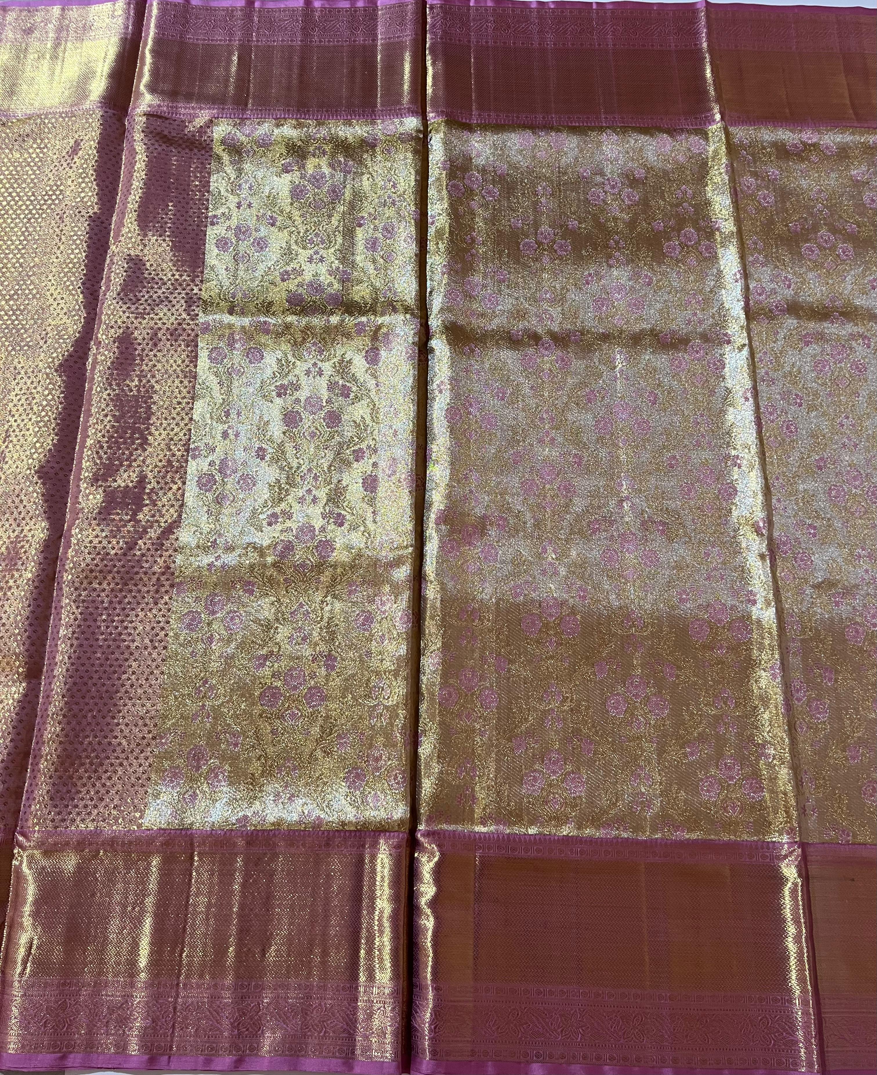 Golden and pink border Kanjeevaram silk saree