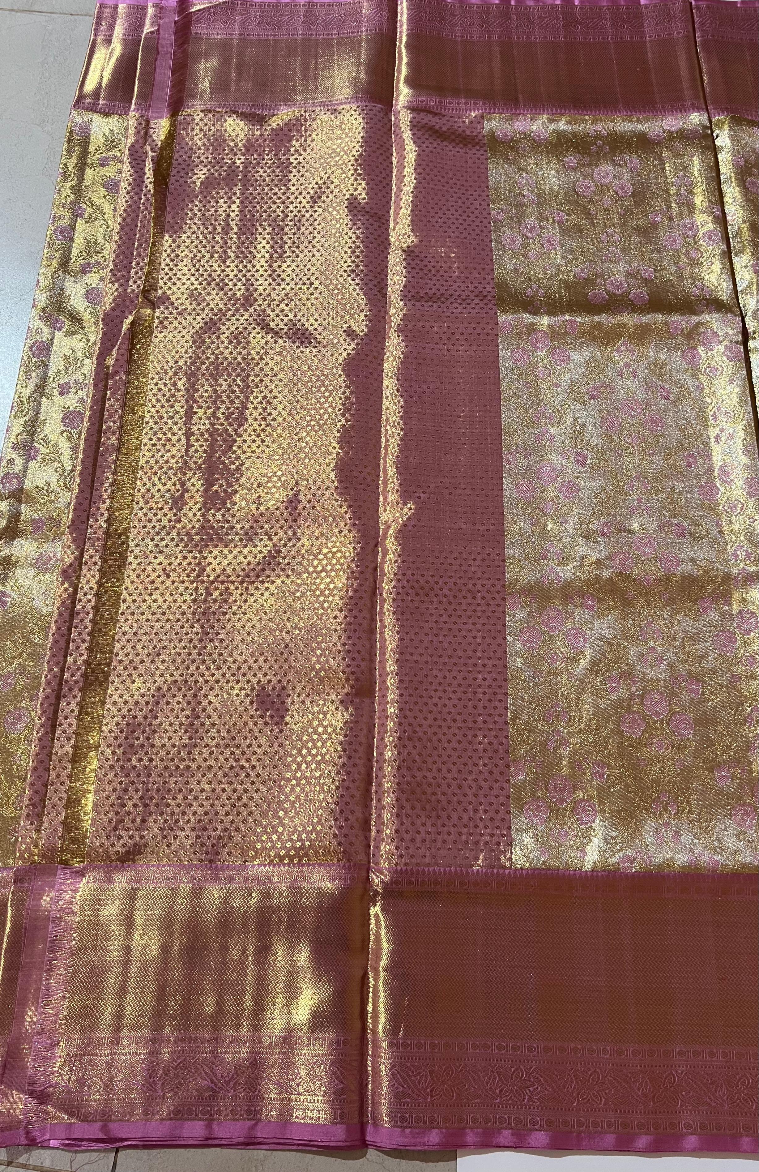 Golden and pink border Kanjeevaram silk saree