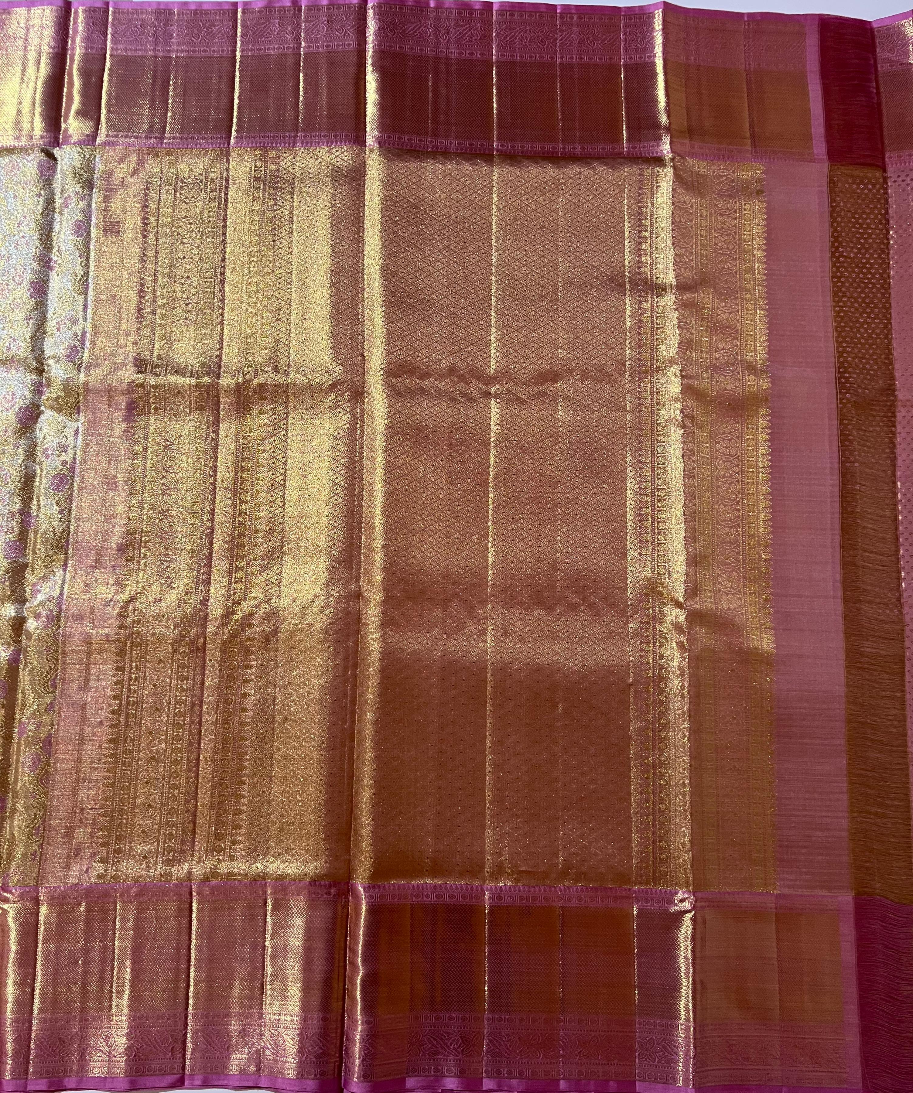 Golden and pink border Kanjeevaram silk saree