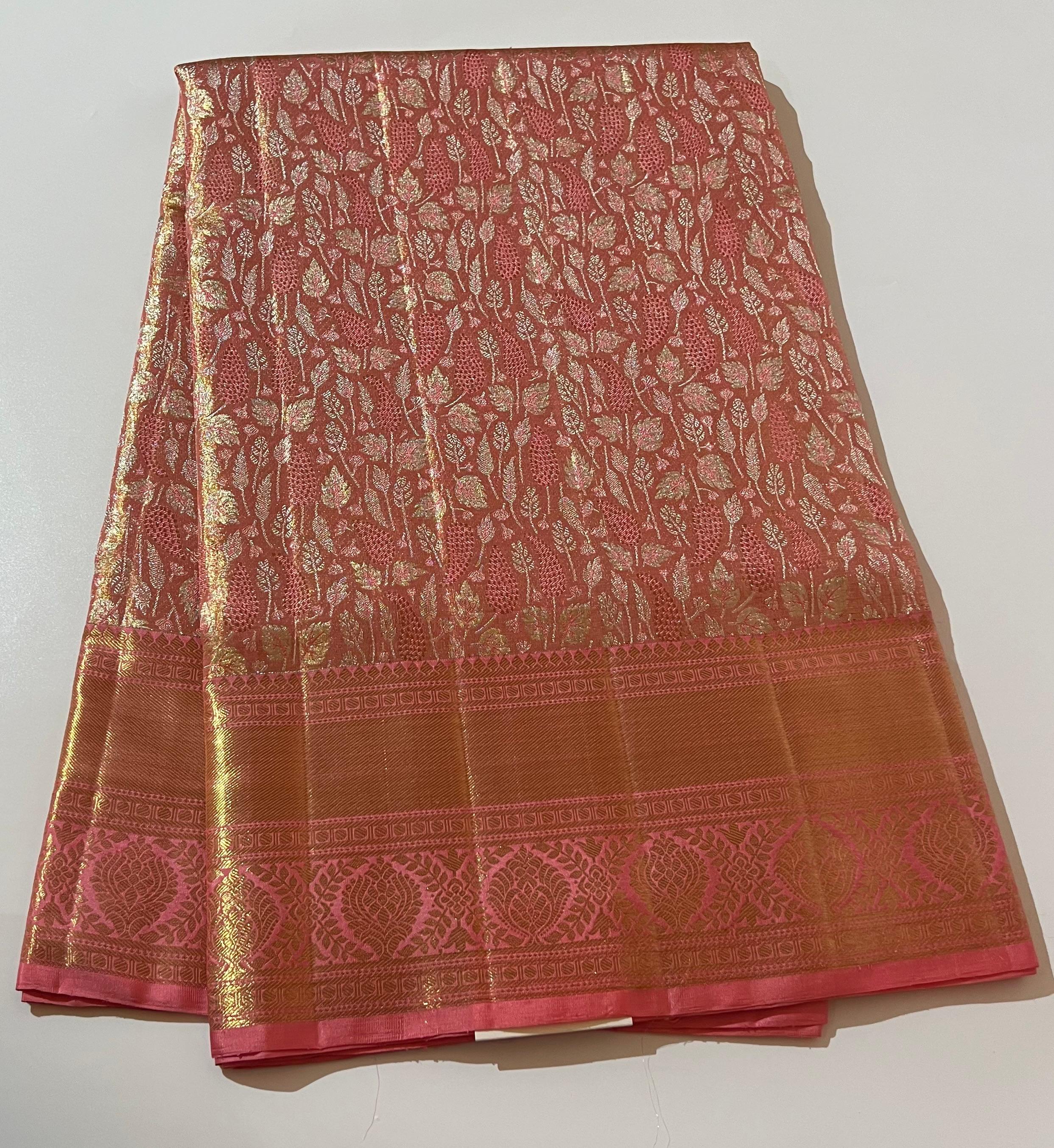 Floral Pink and golden Kanjeevaram silk saree