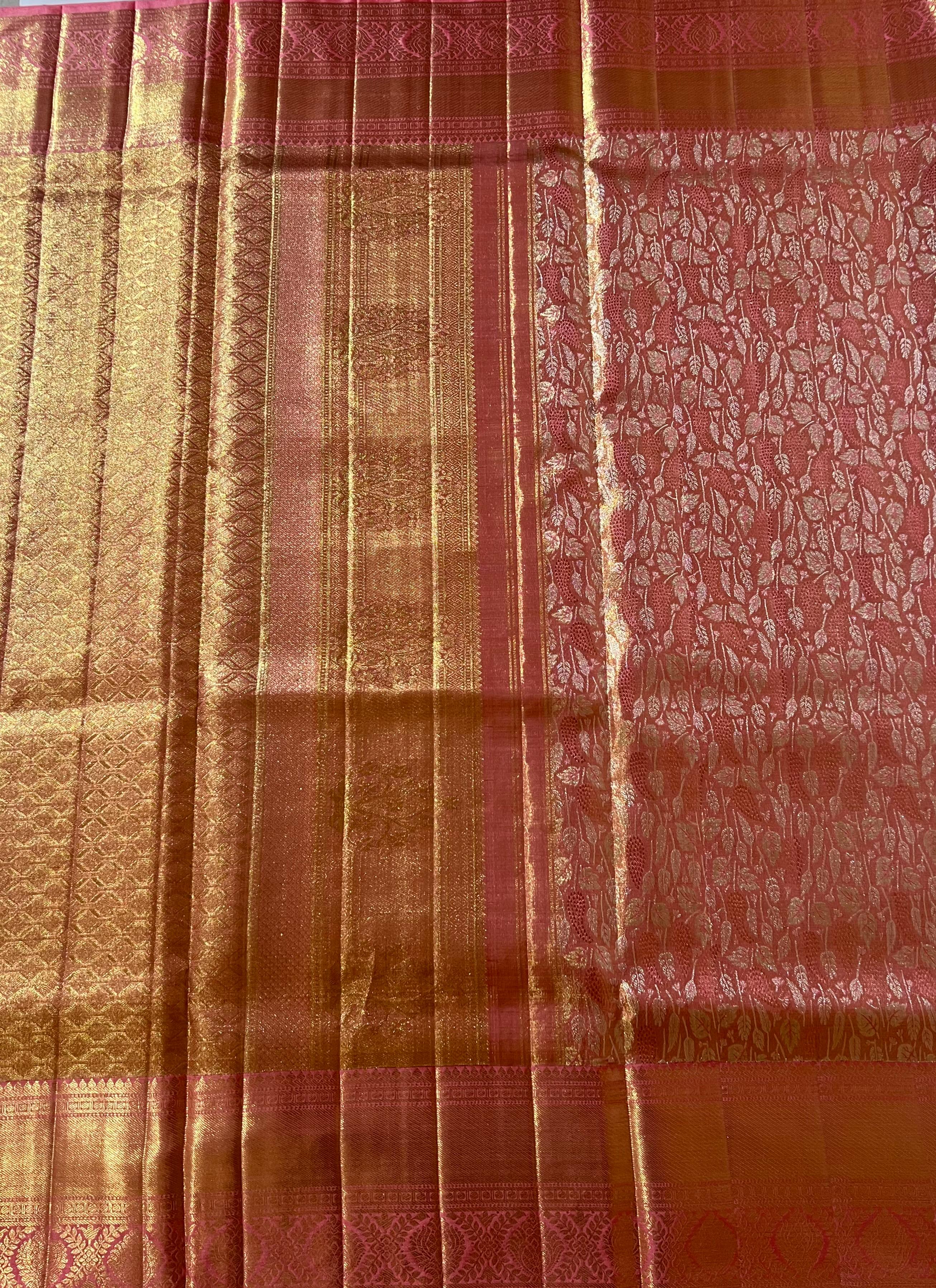 Floral Pink and golden Kanjeevaram silk saree