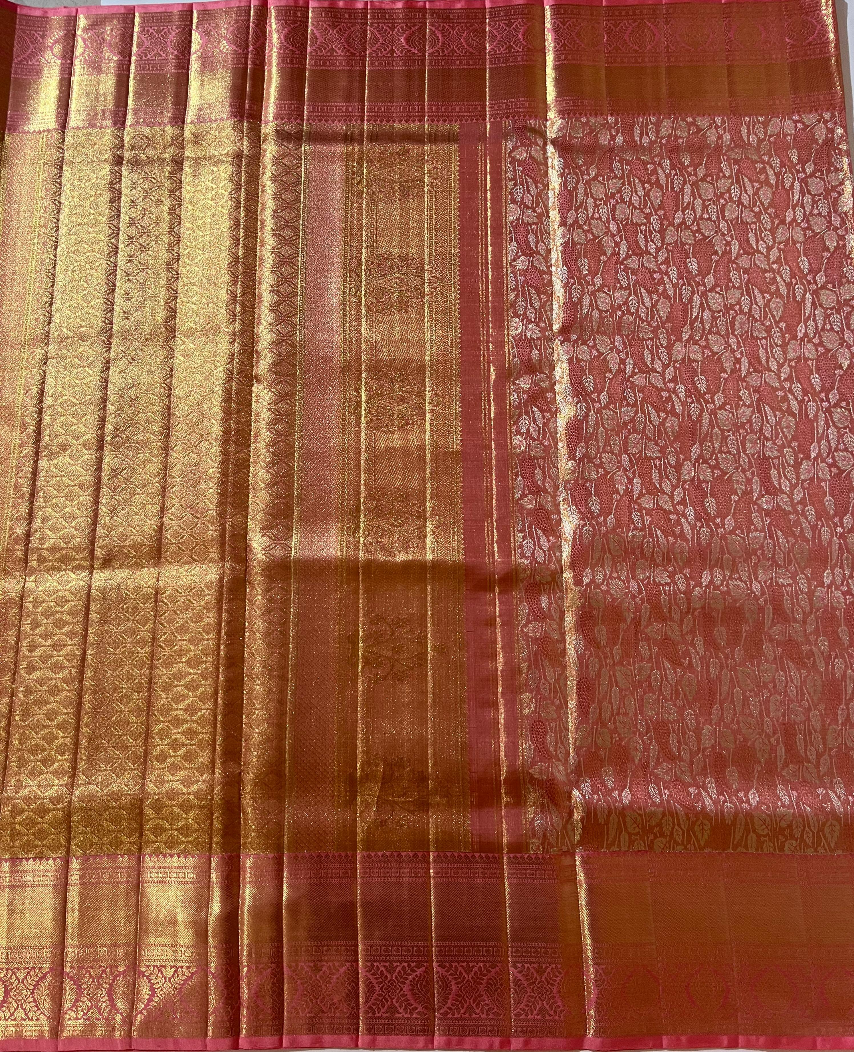 Floral Pink and golden Kanjeevaram silk saree