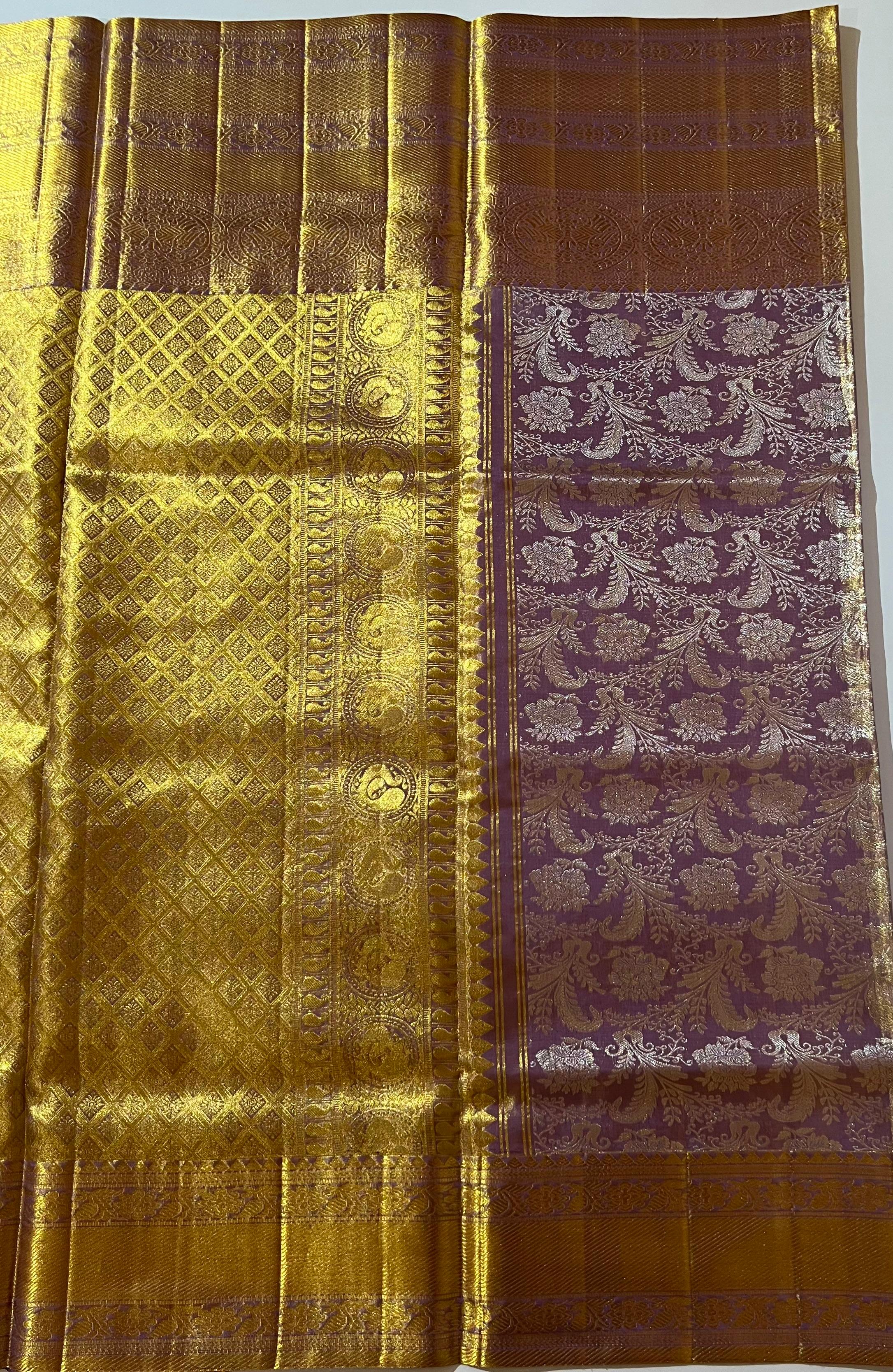 Purple and golden kanjeevaram silk saree