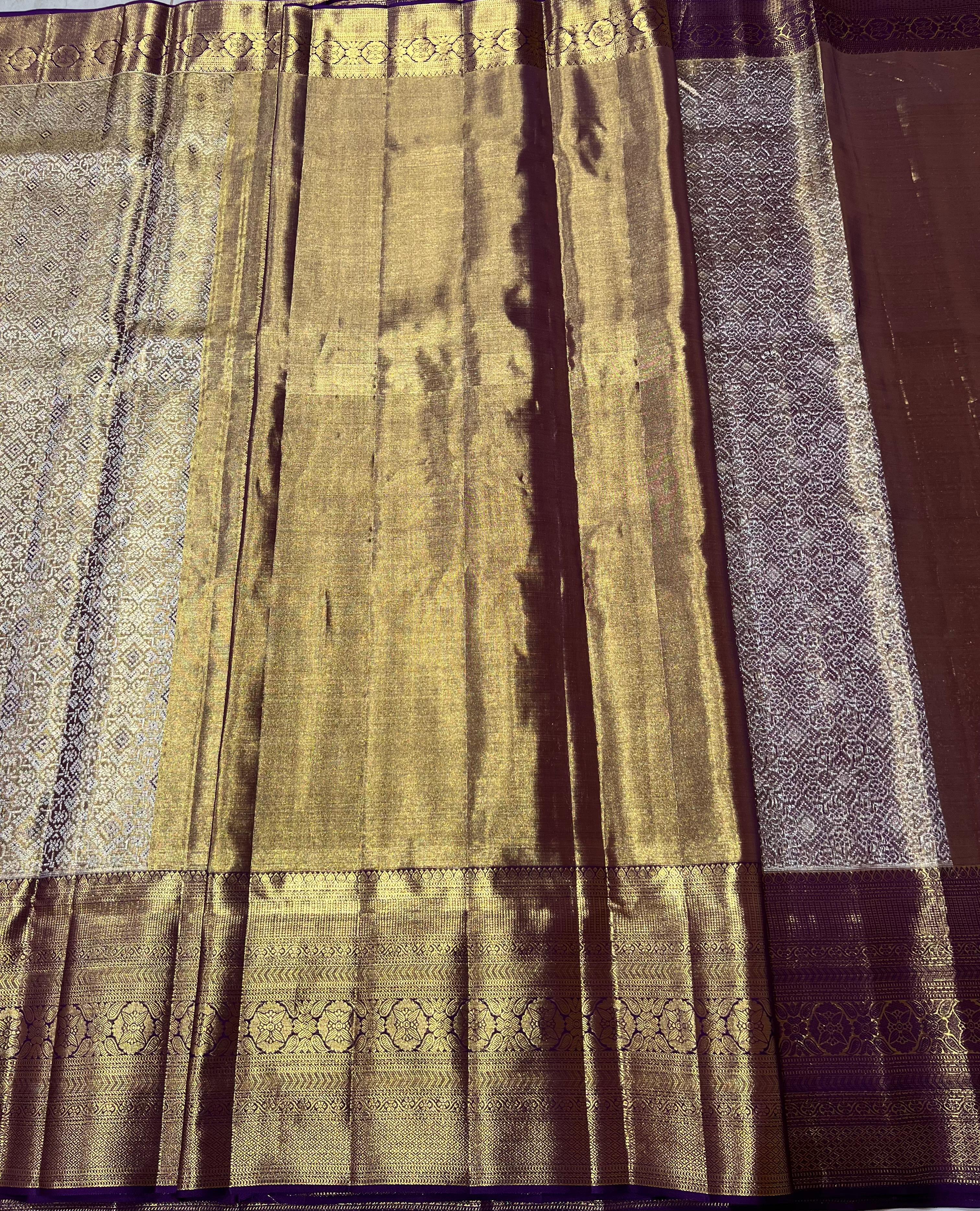 Violet and golden Kanjeevaram silk saree