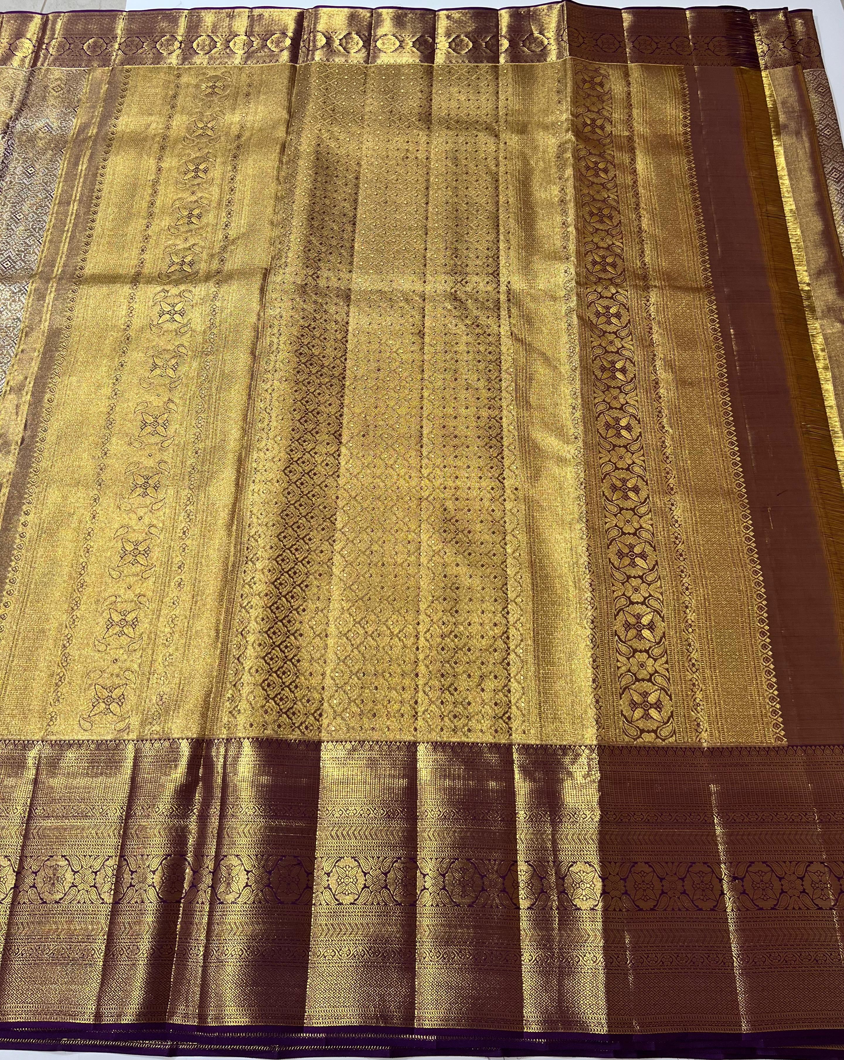 Violet and golden Kanjeevaram silk saree