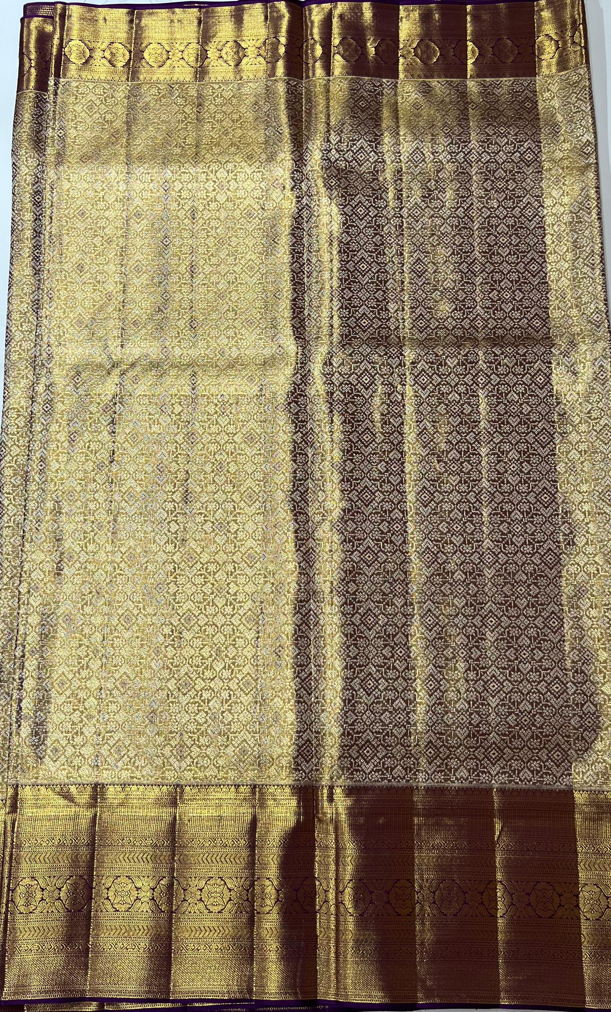 Violet and golden Kanjeevaram silk saree