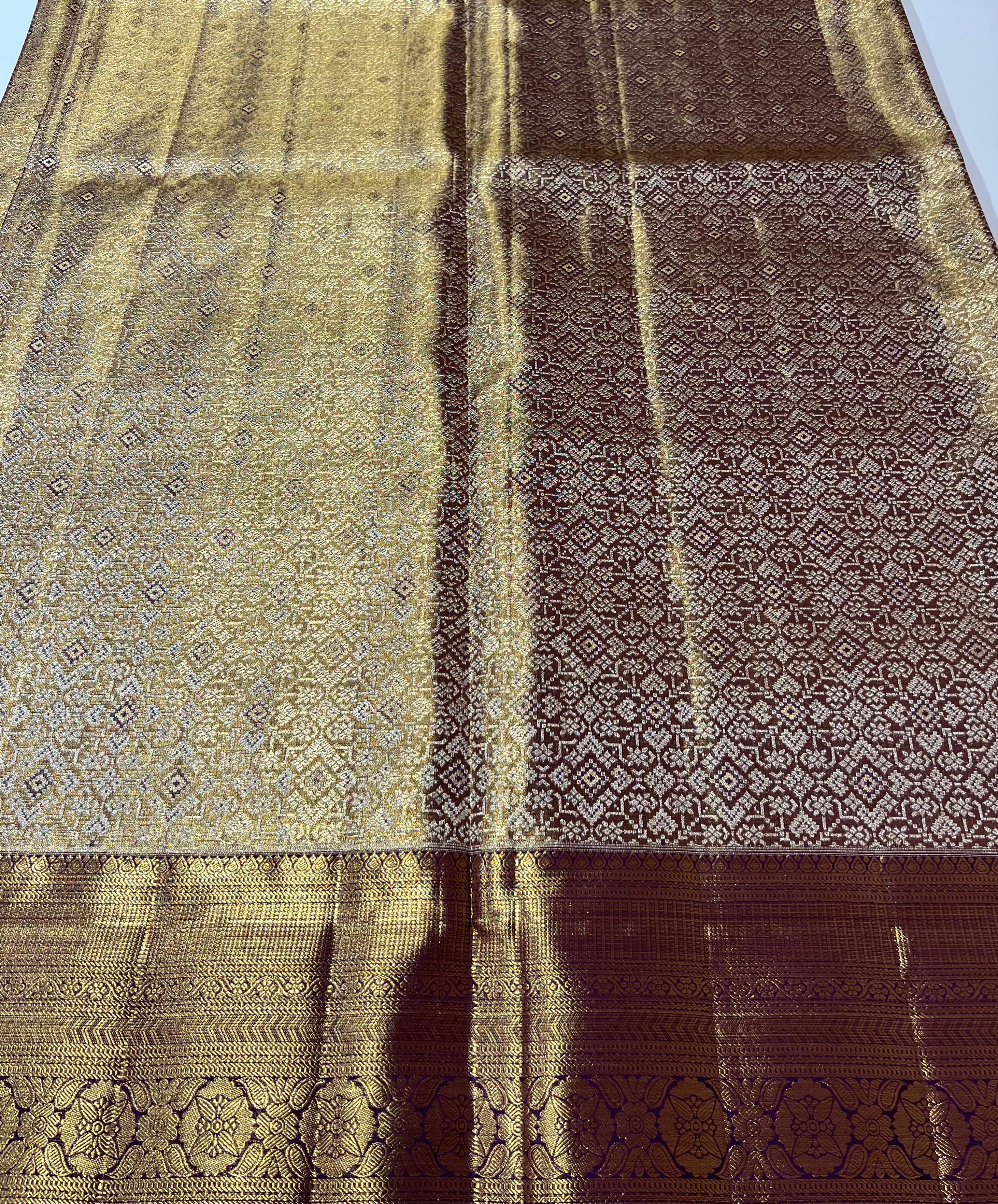 Violet and golden Kanjeevaram silk saree