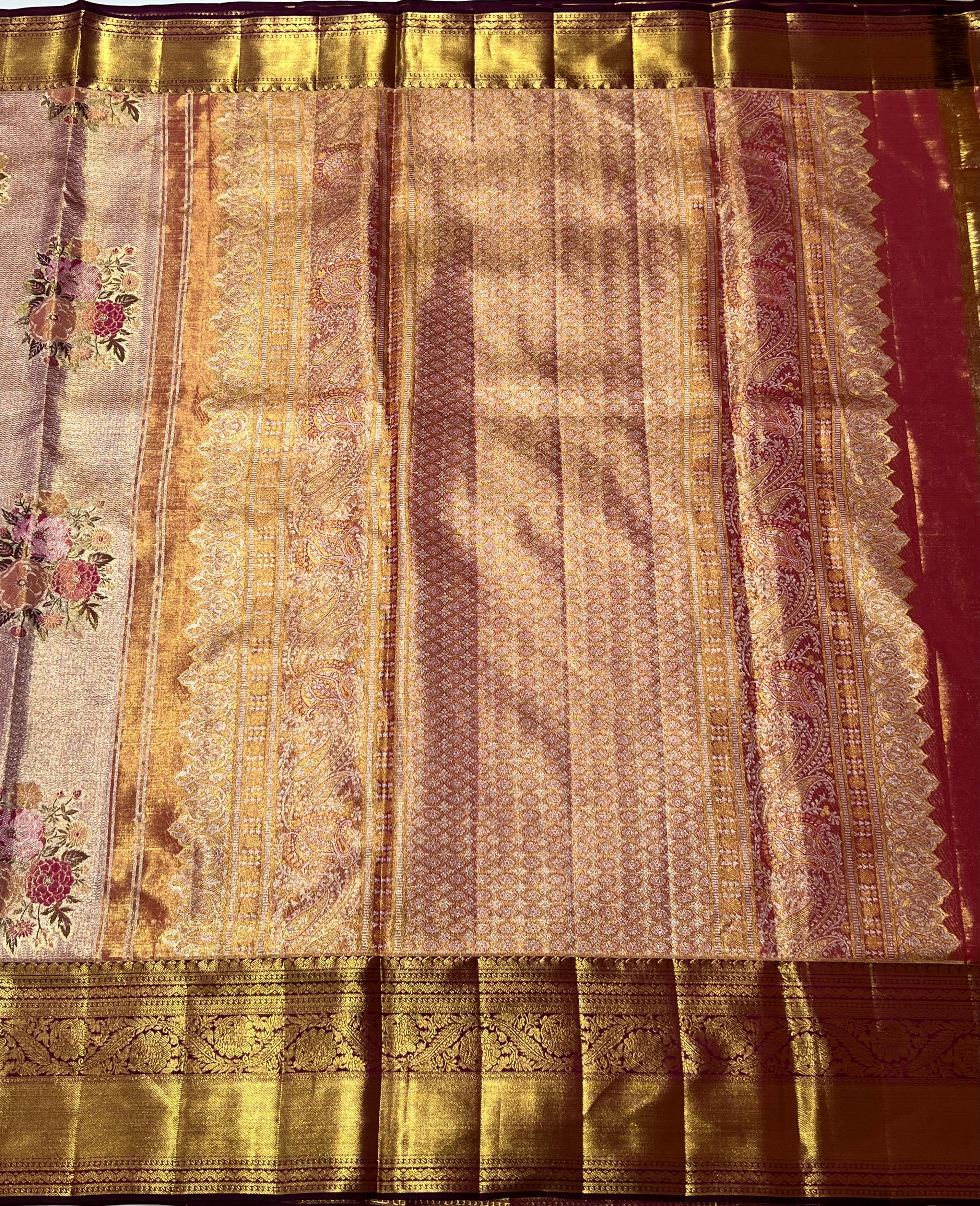 Peach and purple Kanjeevaram silk saree