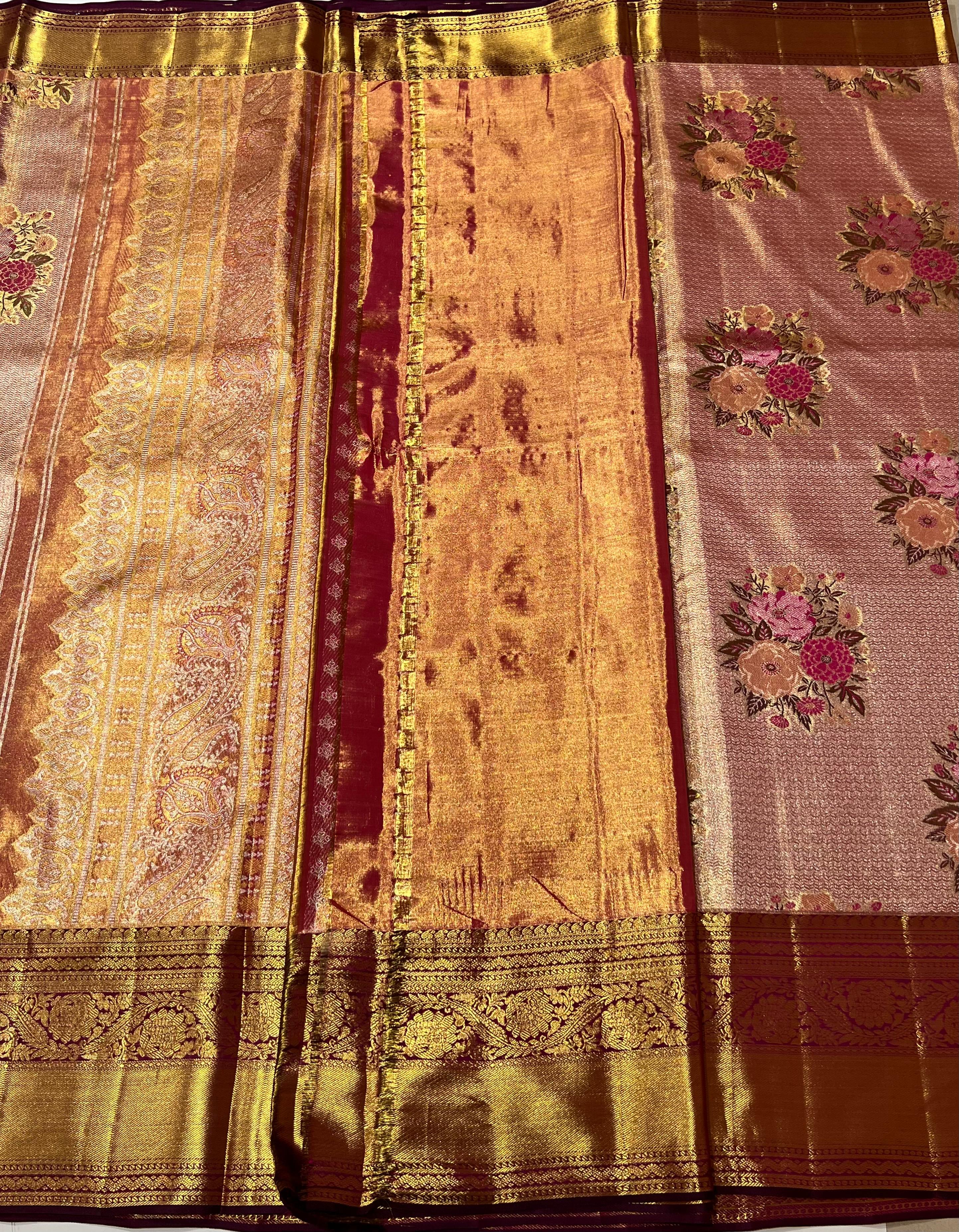 Peach and purple Kanjeevaram silk saree