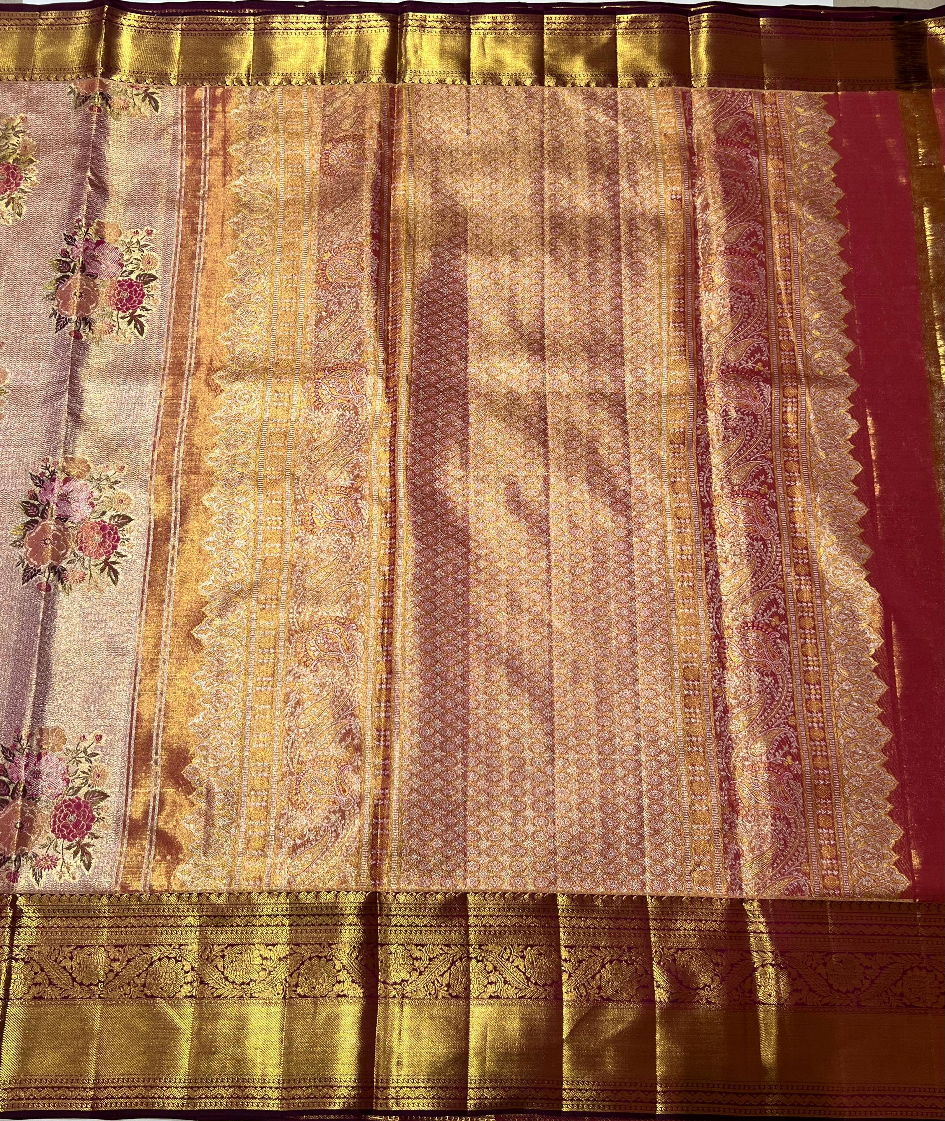 Peach and purple Kanjeevaram silk saree