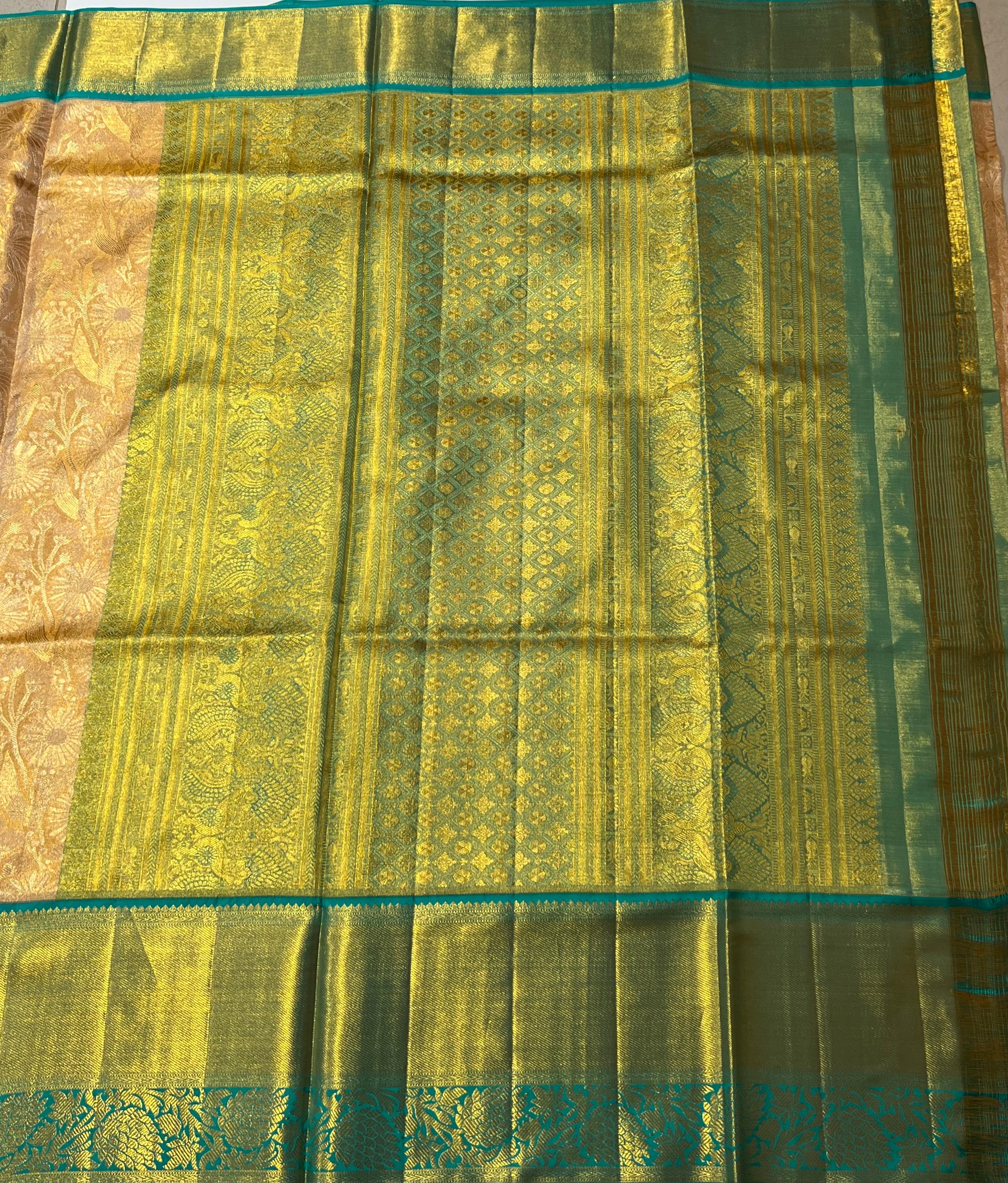 Golden and seagreen Kanjeevaram silk saree