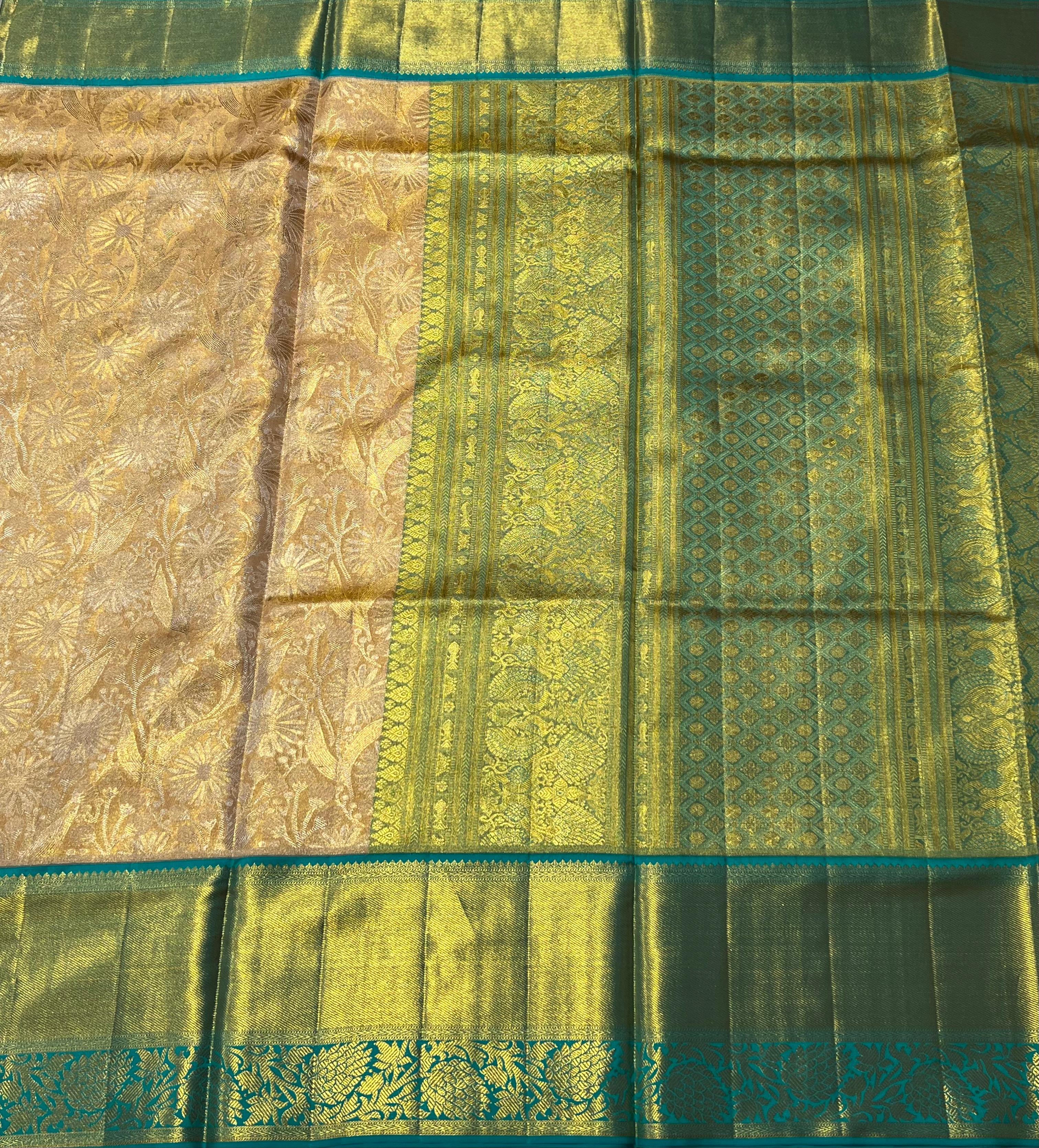 Golden and seagreen Kanjeevaram silk saree