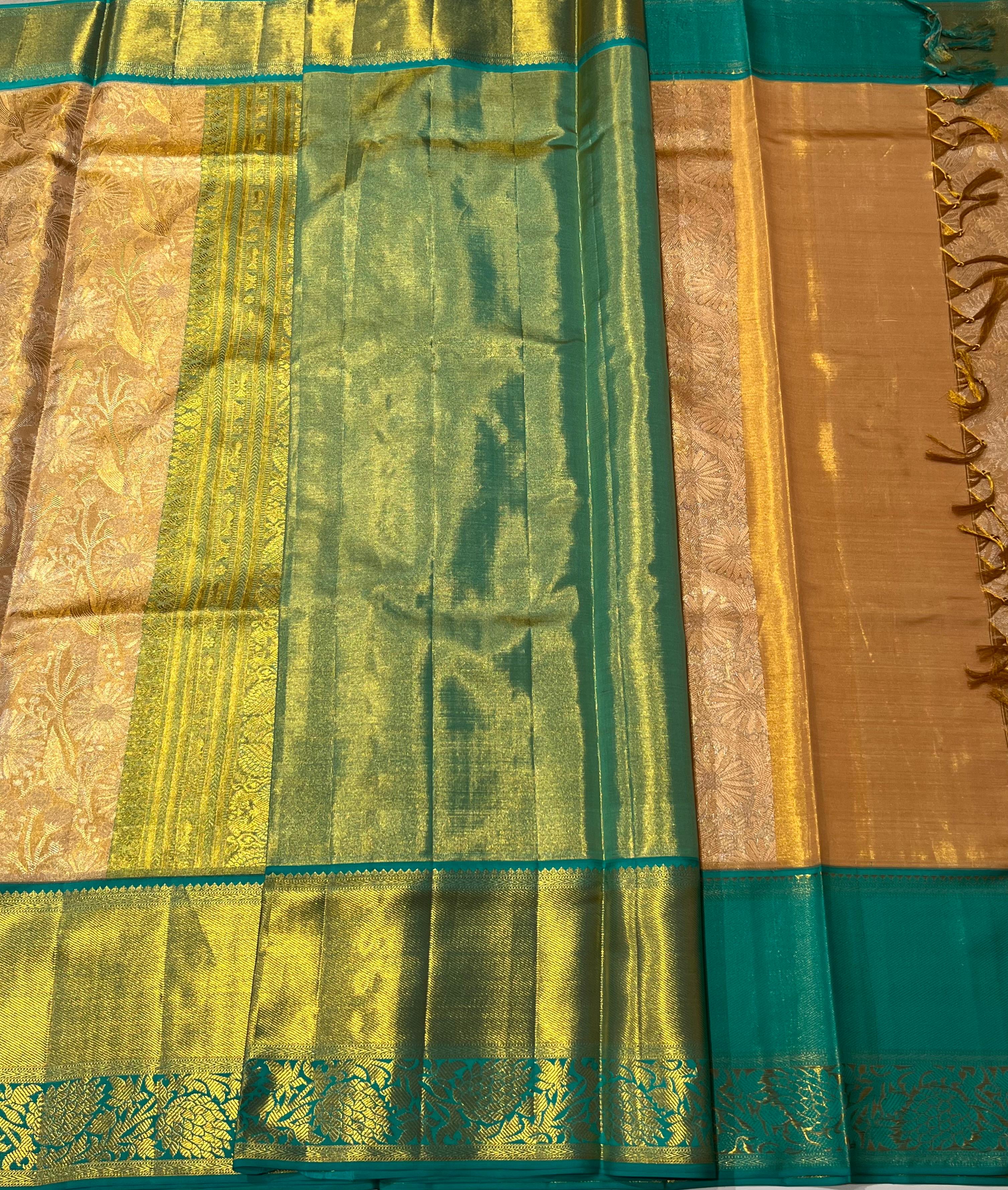 Golden and seagreen Kanjeevaram silk saree
