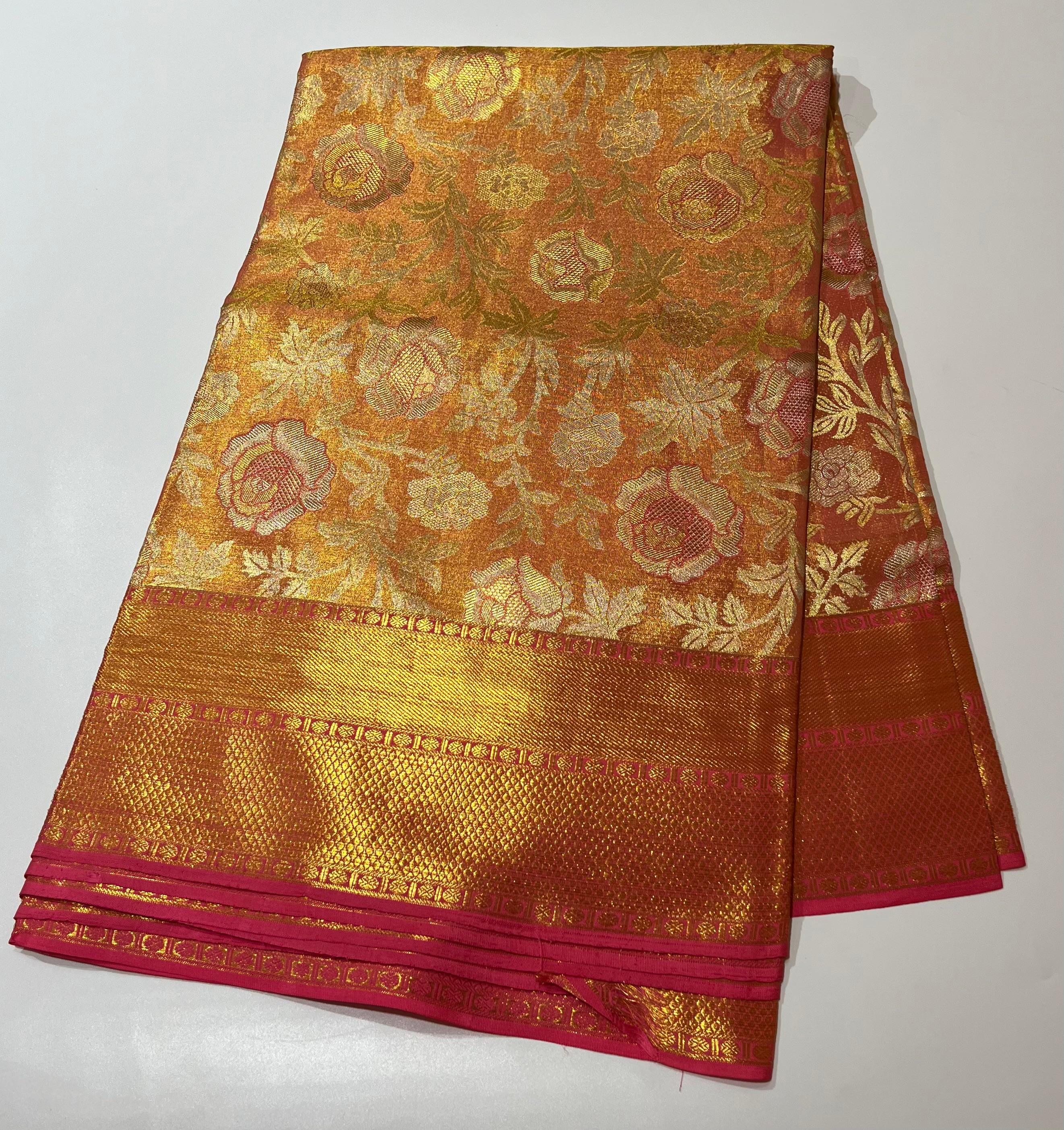 Orange and light pink  Kanjeevaram silk saree