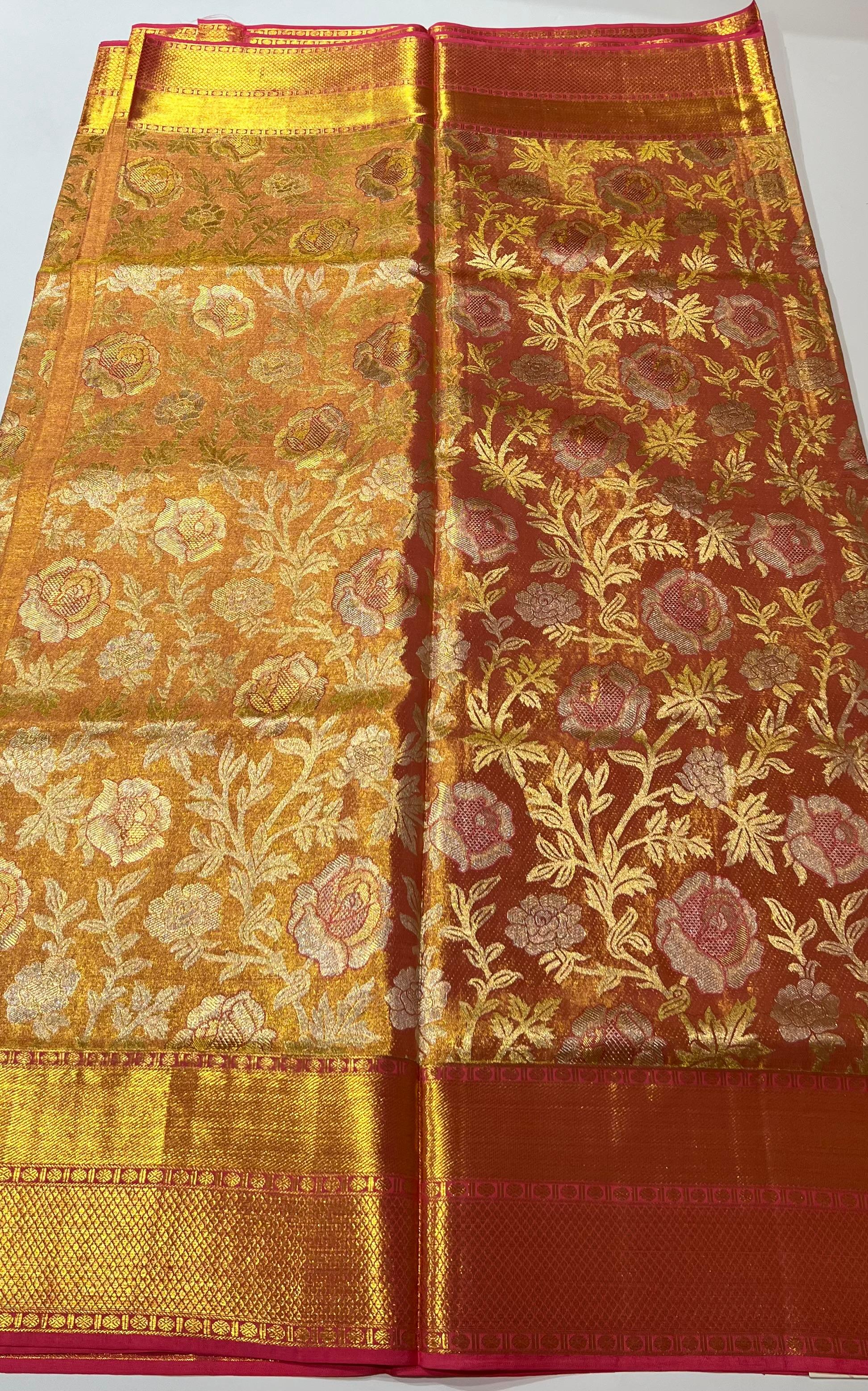 Orange and light pink  Kanjeevaram silk saree