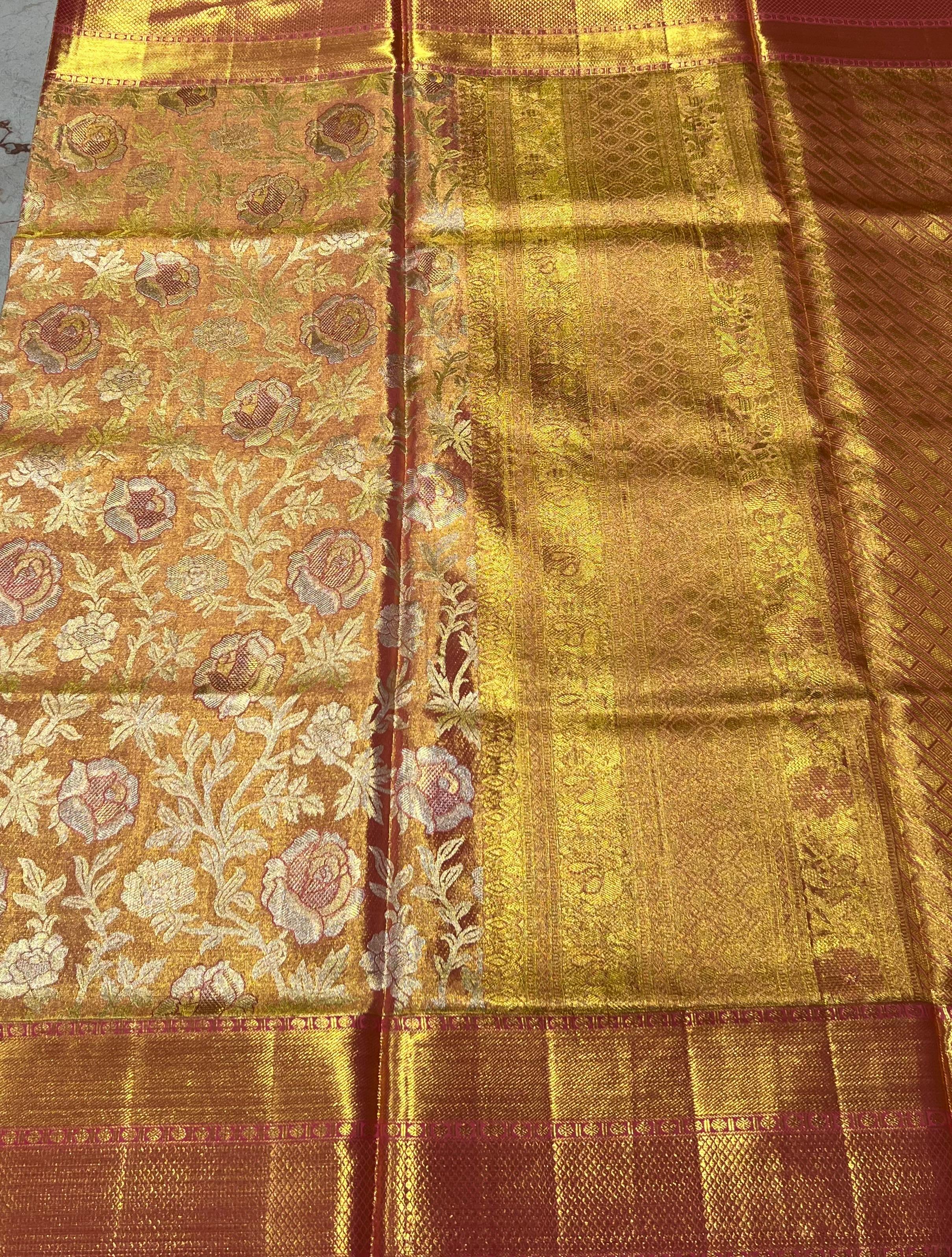 Orange and light pink  Kanjeevaram silk saree