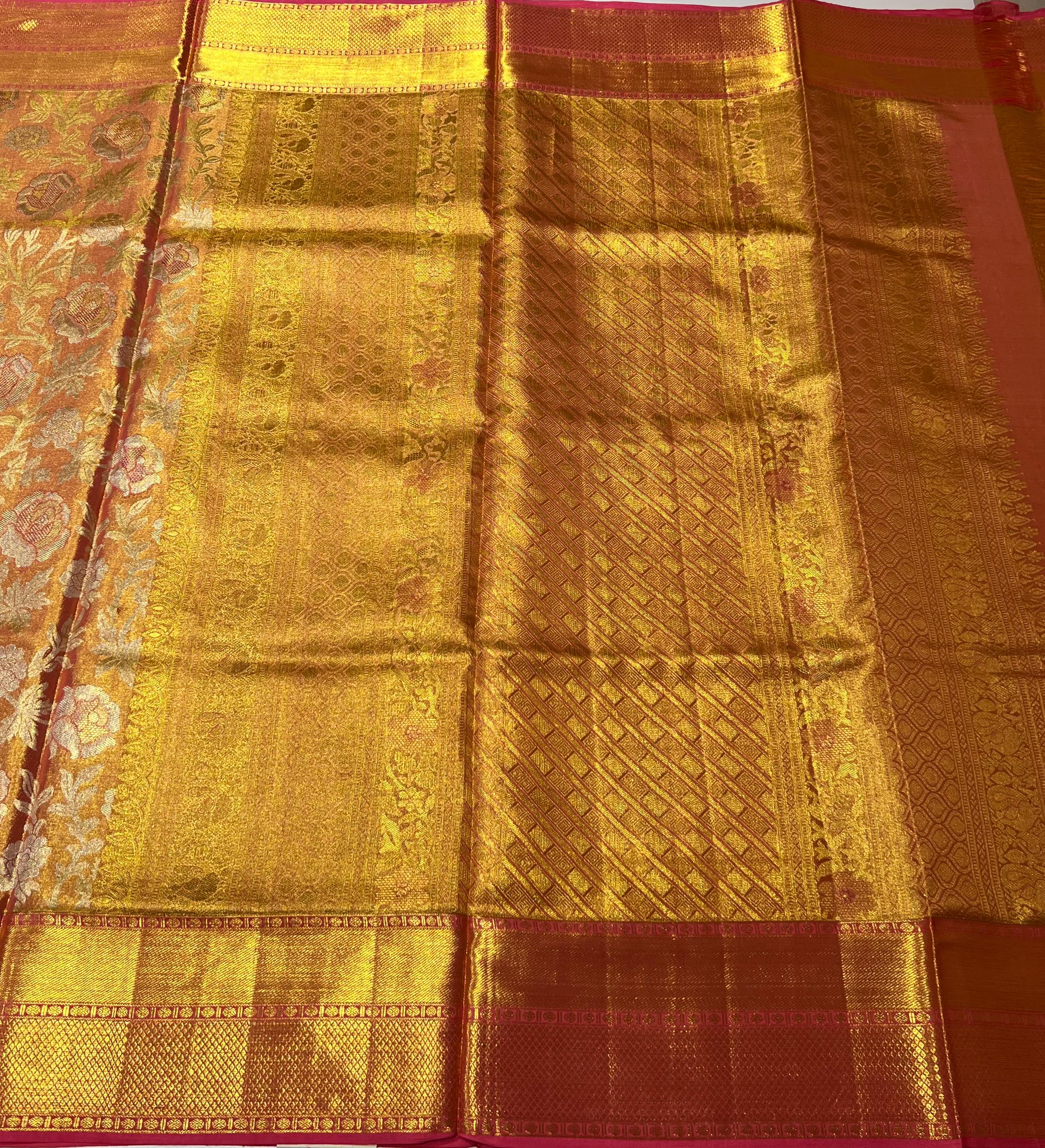 Orange and light pink  Kanjeevaram silk saree