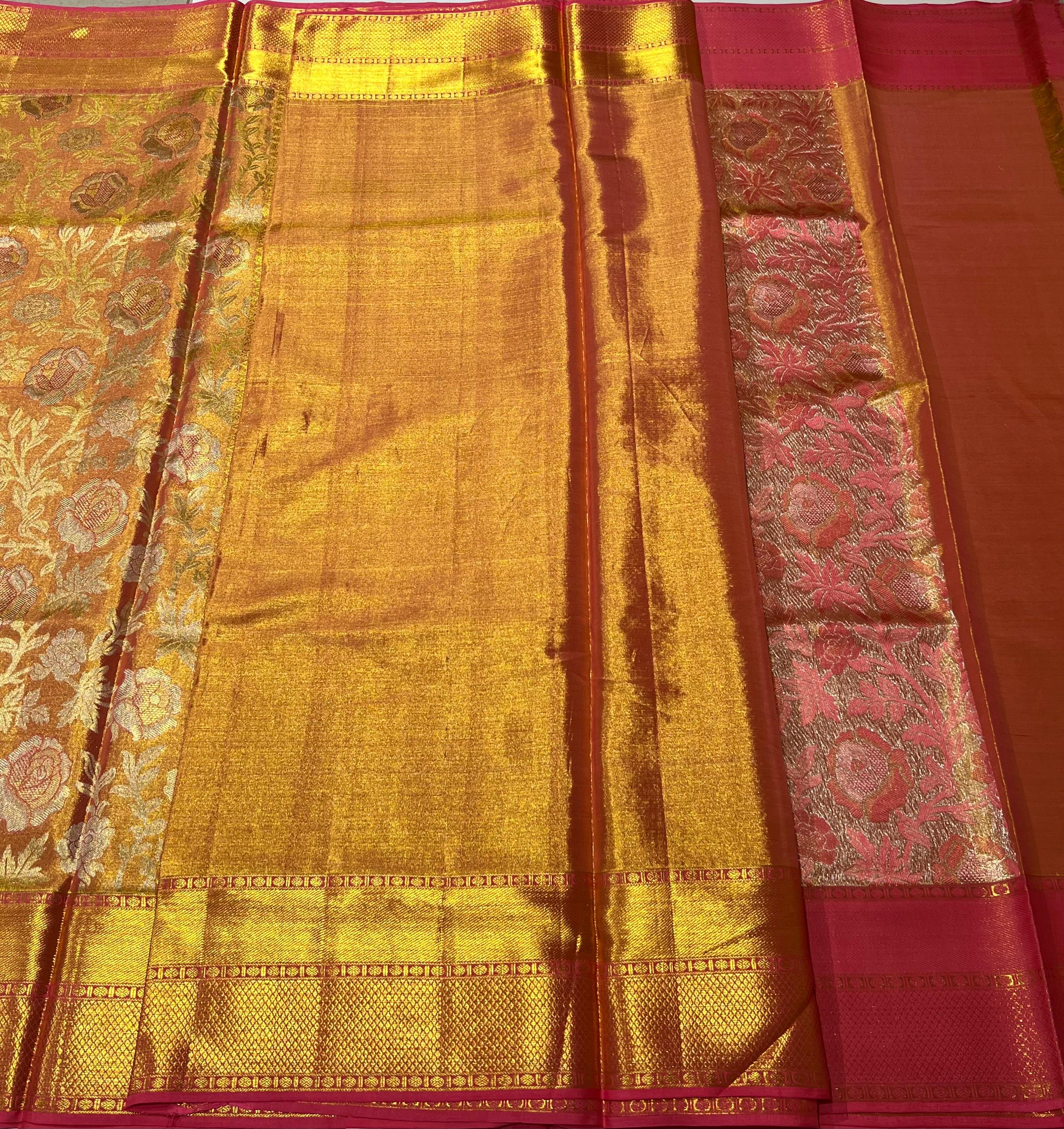 Orange and light pink  Kanjeevaram silk saree