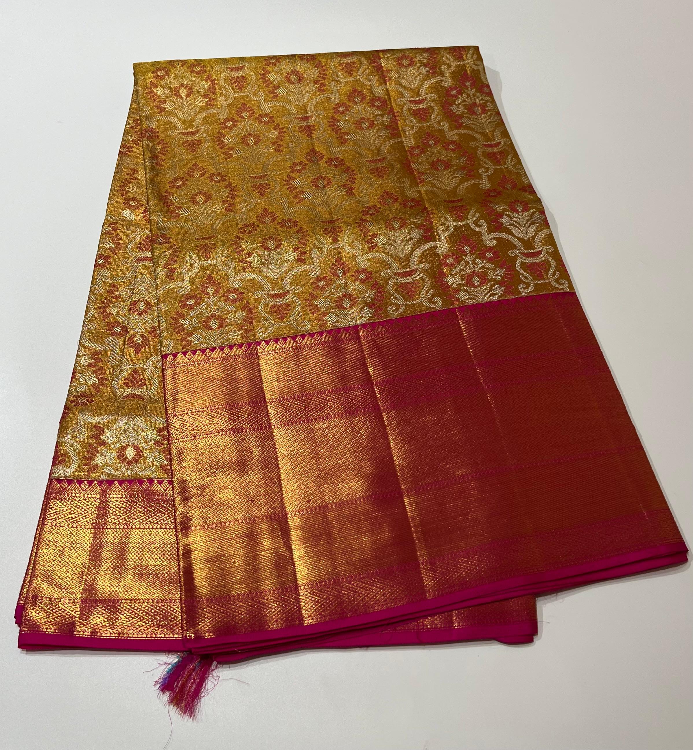 Yellow and pink Kanjeevaram silk saree