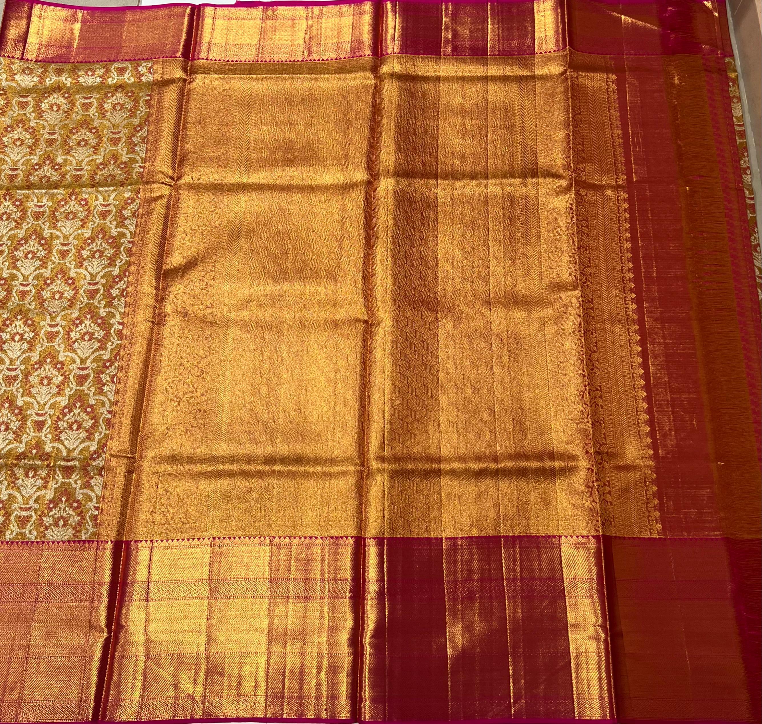 Yellow and pink Kanjeevaram silk saree