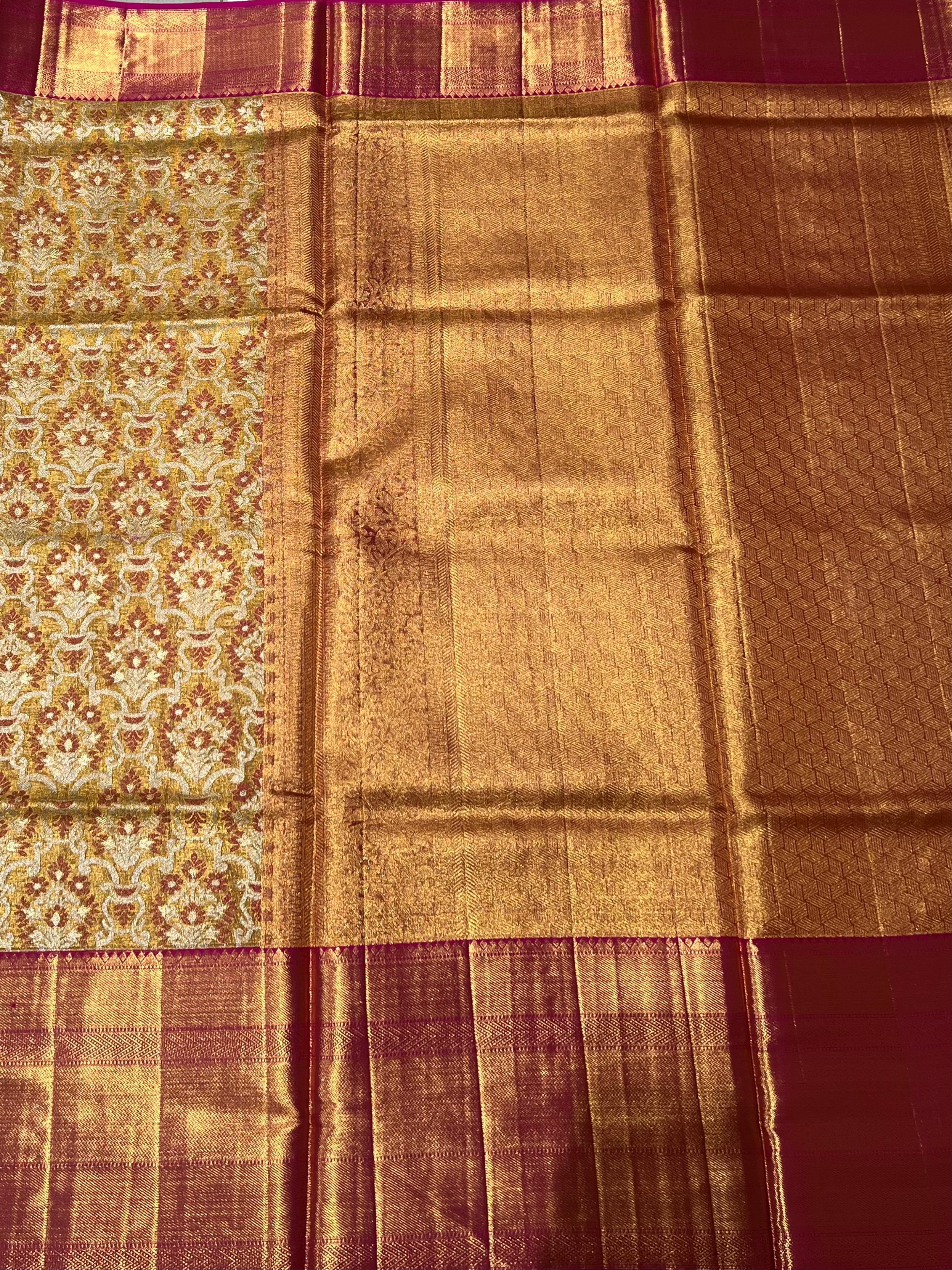 Yellow and pink Kanjeevaram silk saree