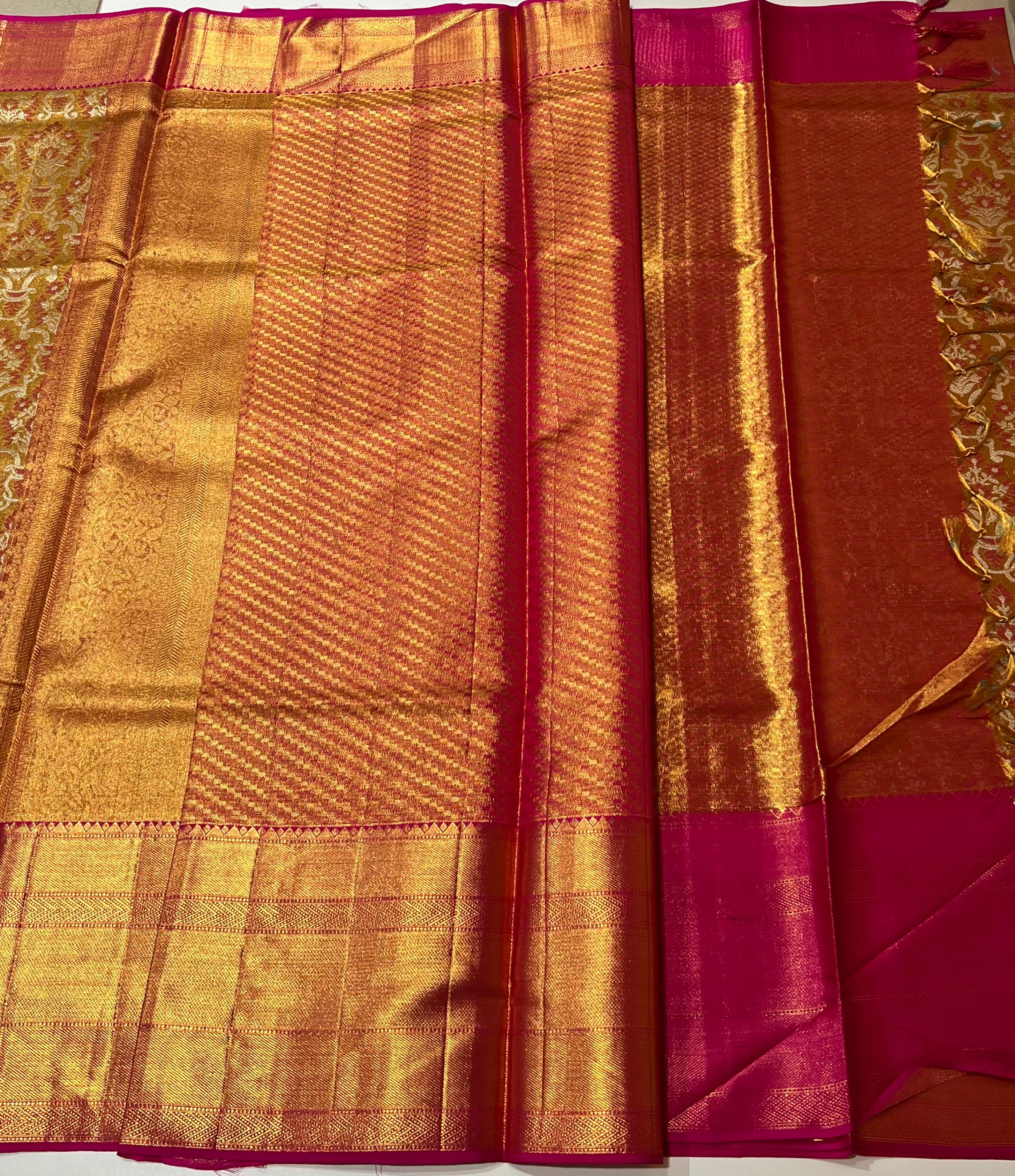 Yellow and pink Kanjeevaram silk saree