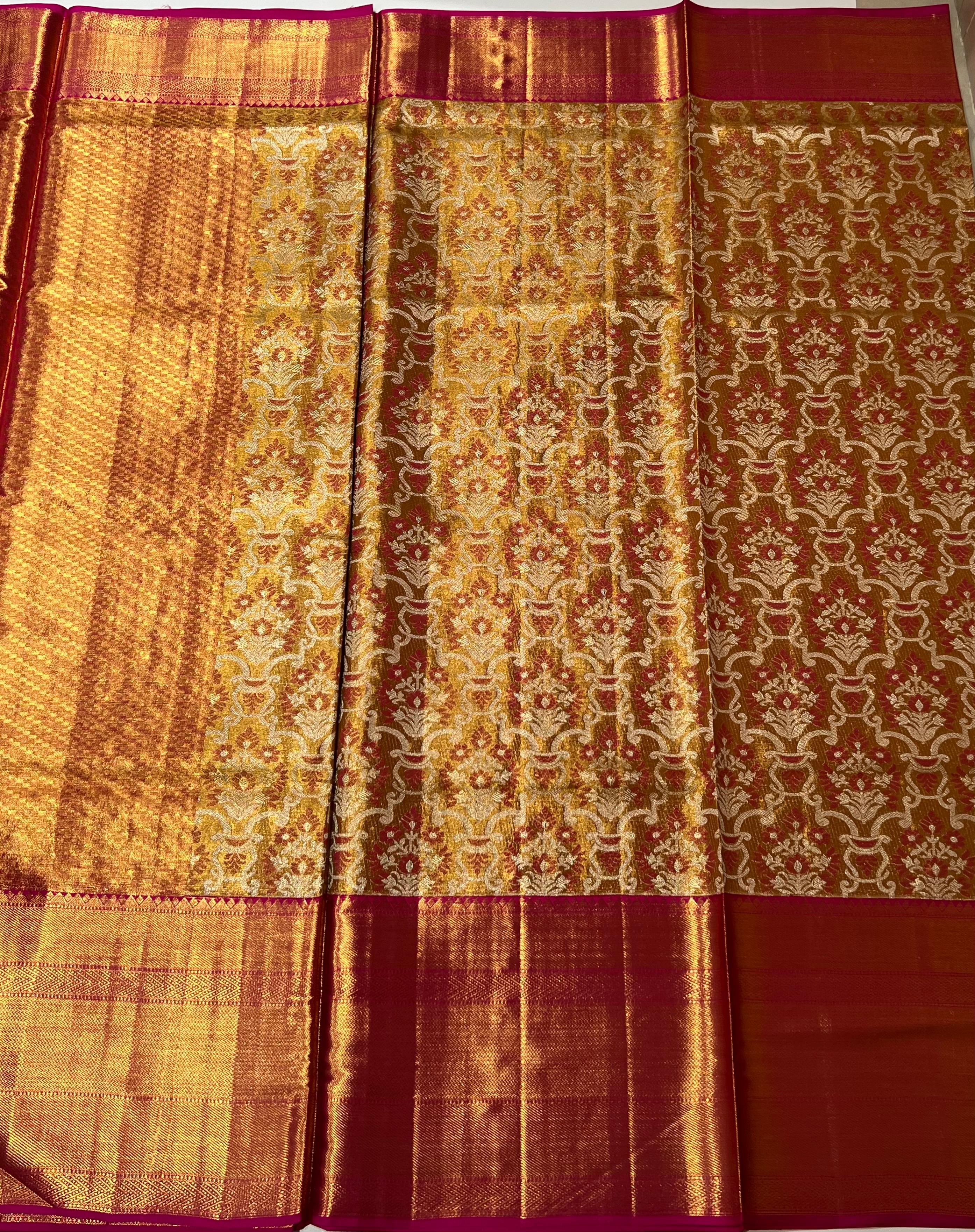 Yellow and pink Kanjeevaram silk saree