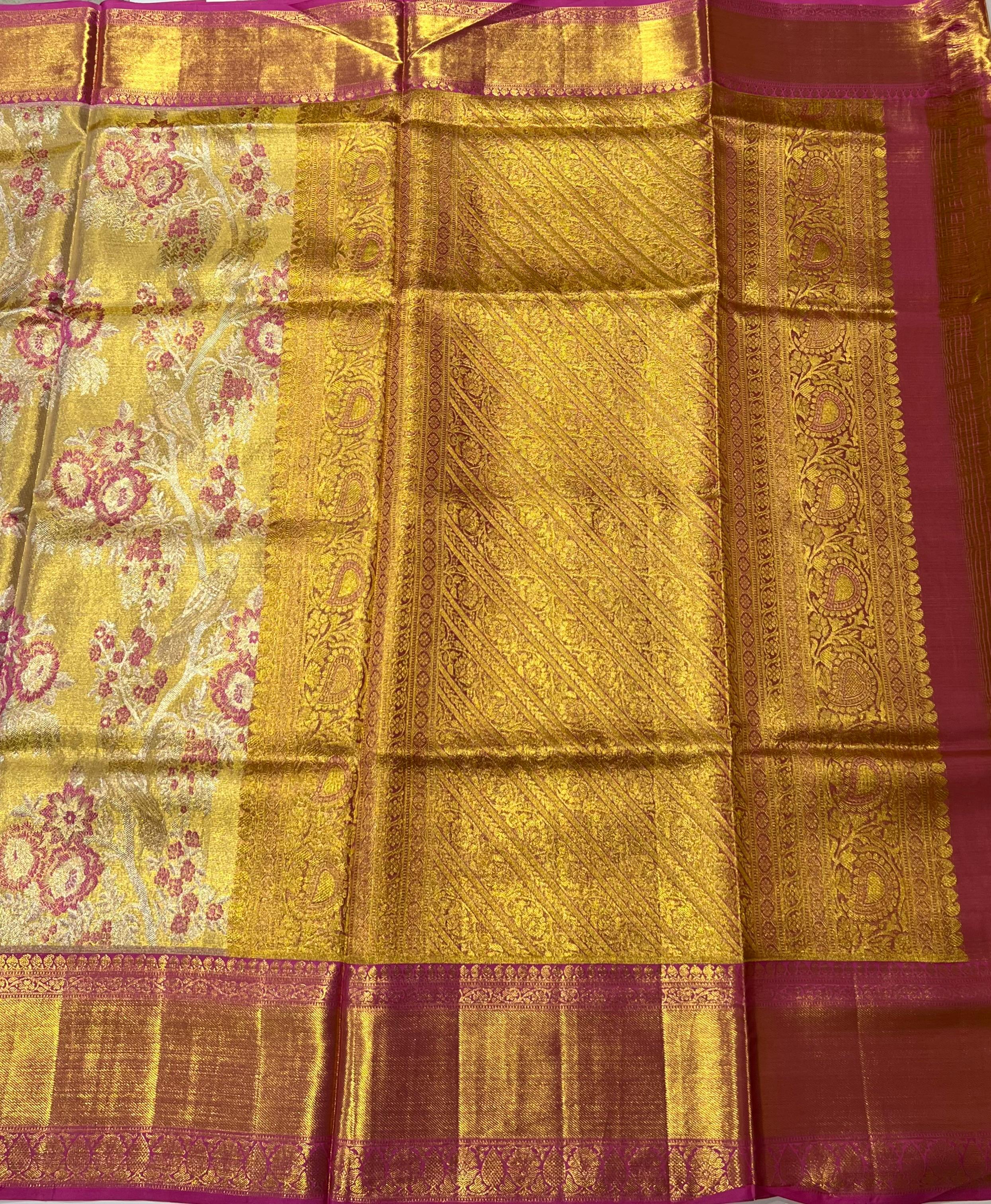 Golden and pink border Kanjeevaram silk saree