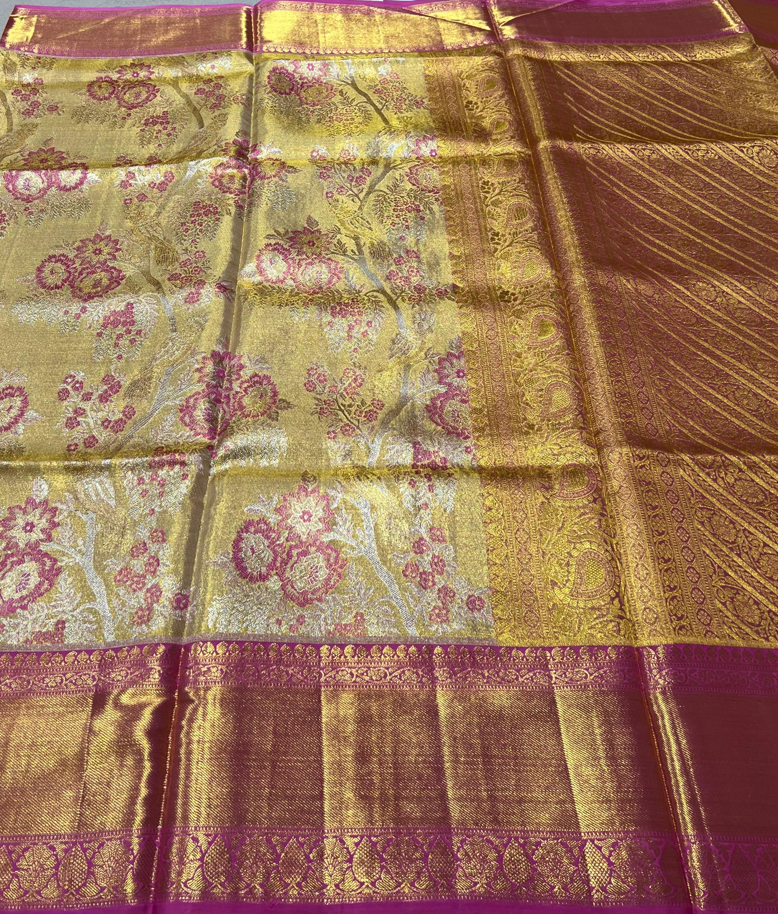 Golden and pink border Kanjeevaram silk saree