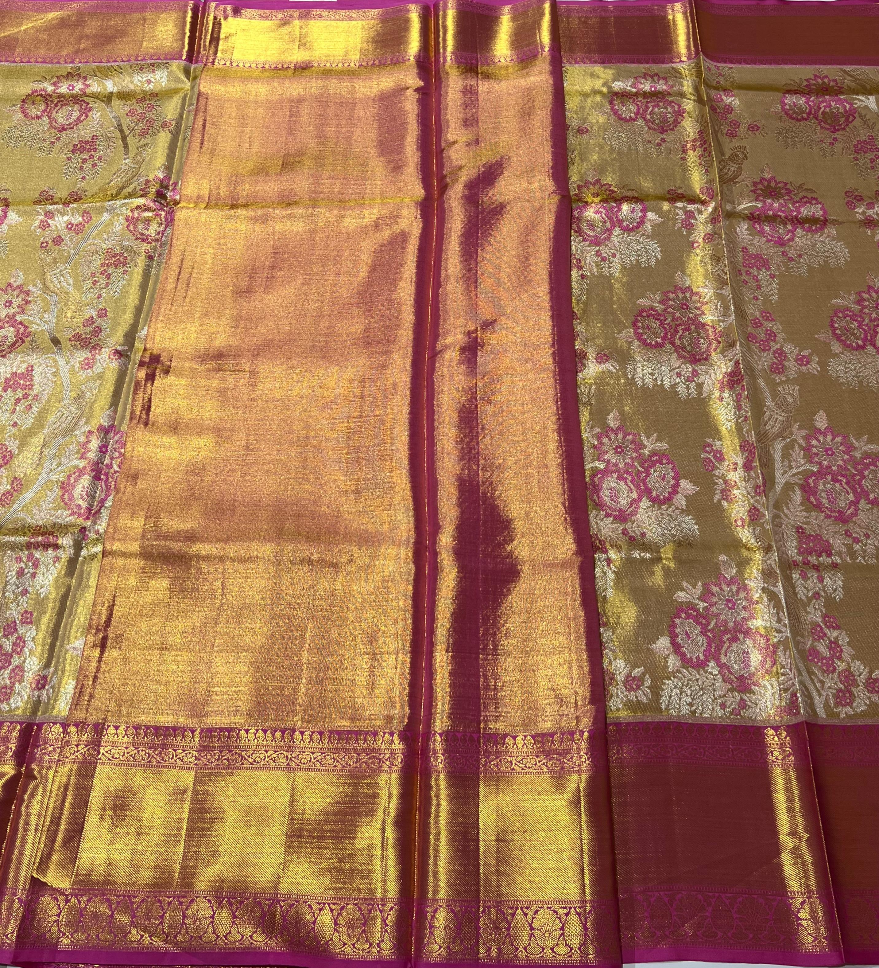 Golden and pink border Kanjeevaram silk saree