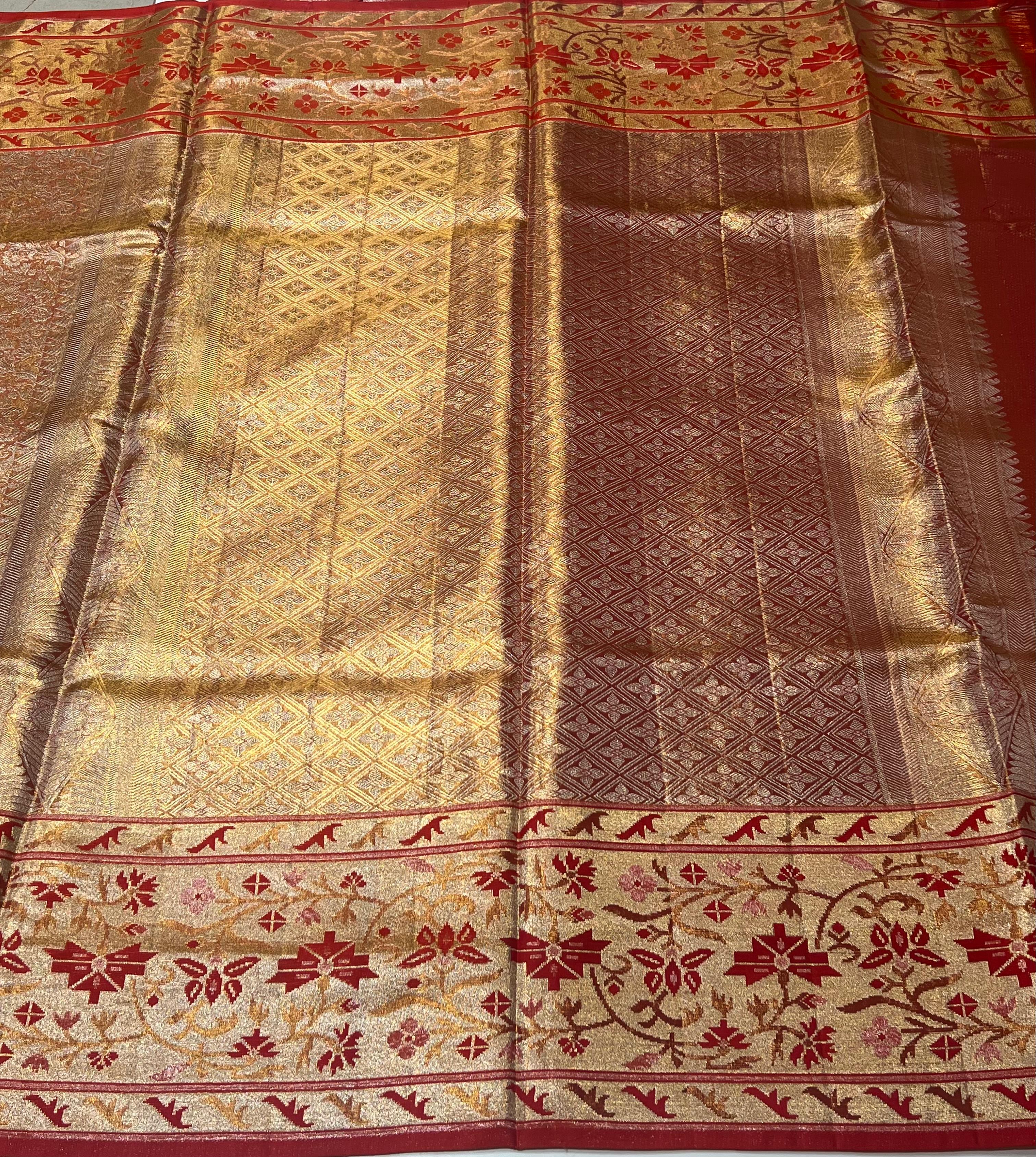 Golden and red border Kanjeevaram silk saree