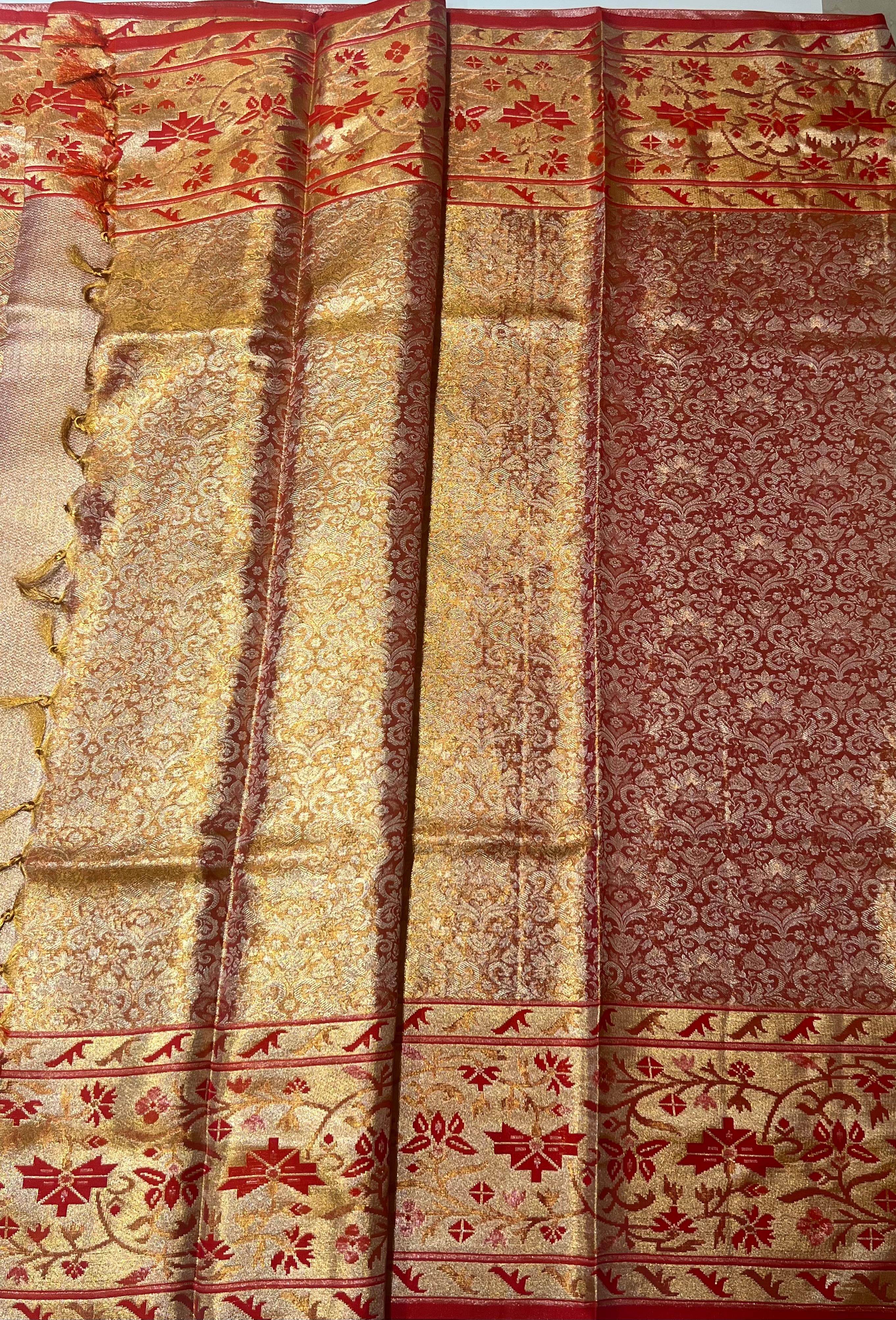Golden and red border Kanjeevaram silk saree