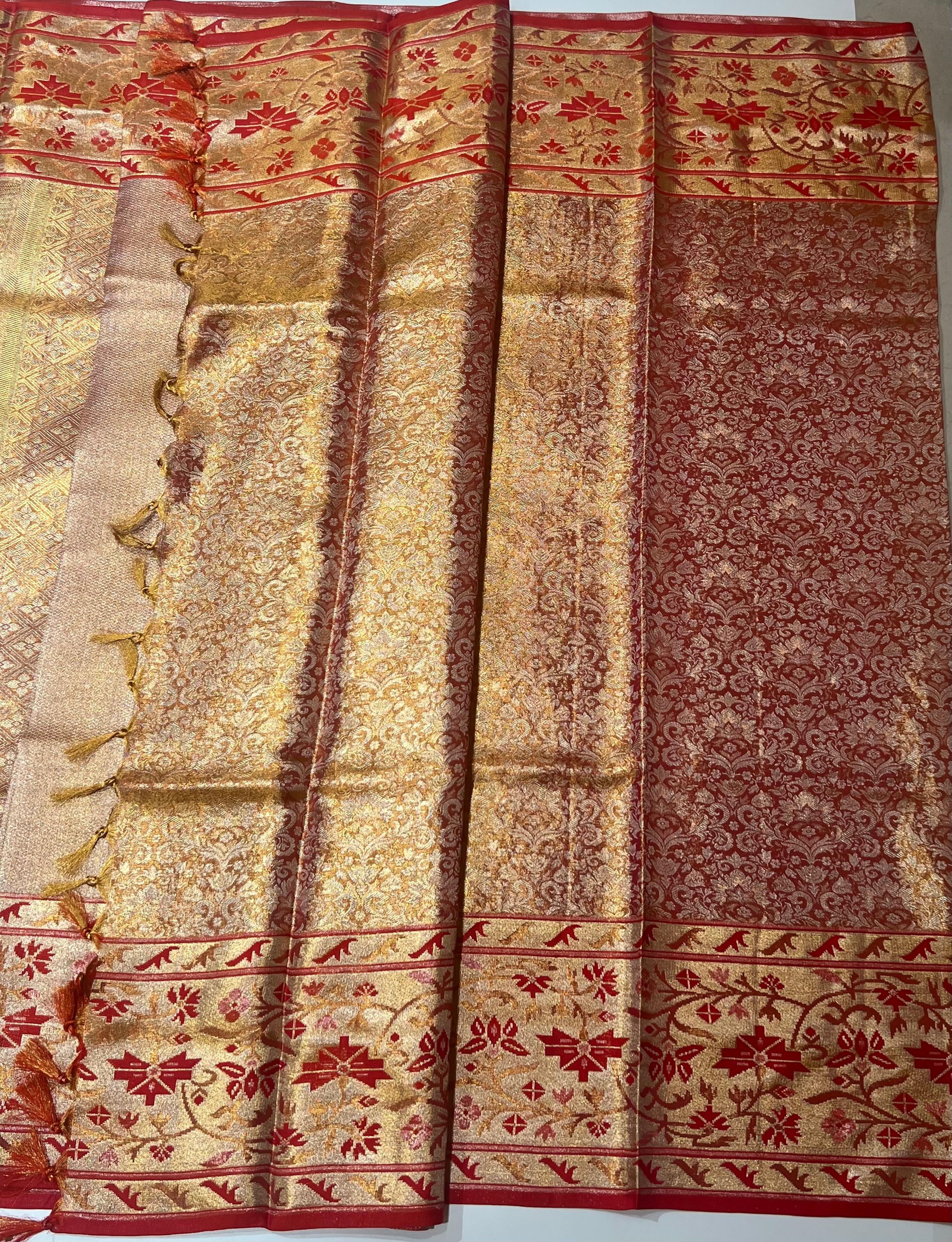 Golden and red border Kanjeevaram silk saree