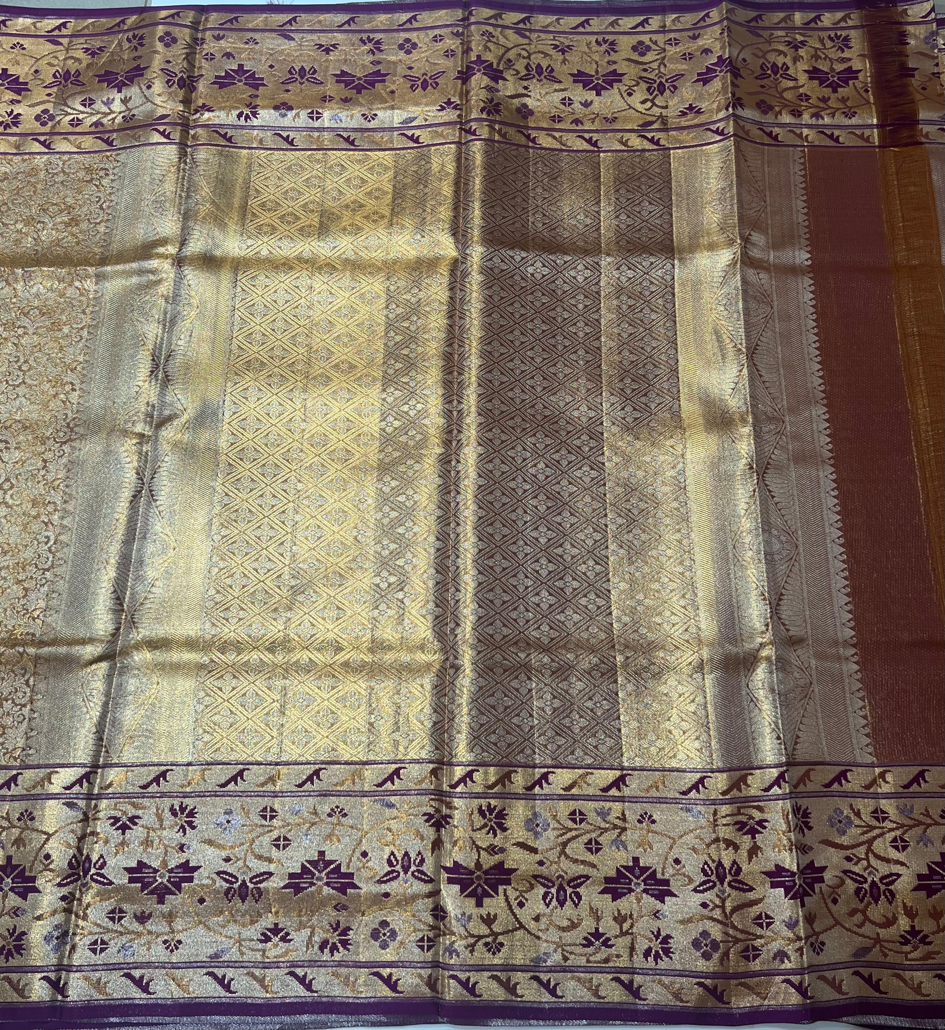 Golden and violet border Kanjeevaram silk saree