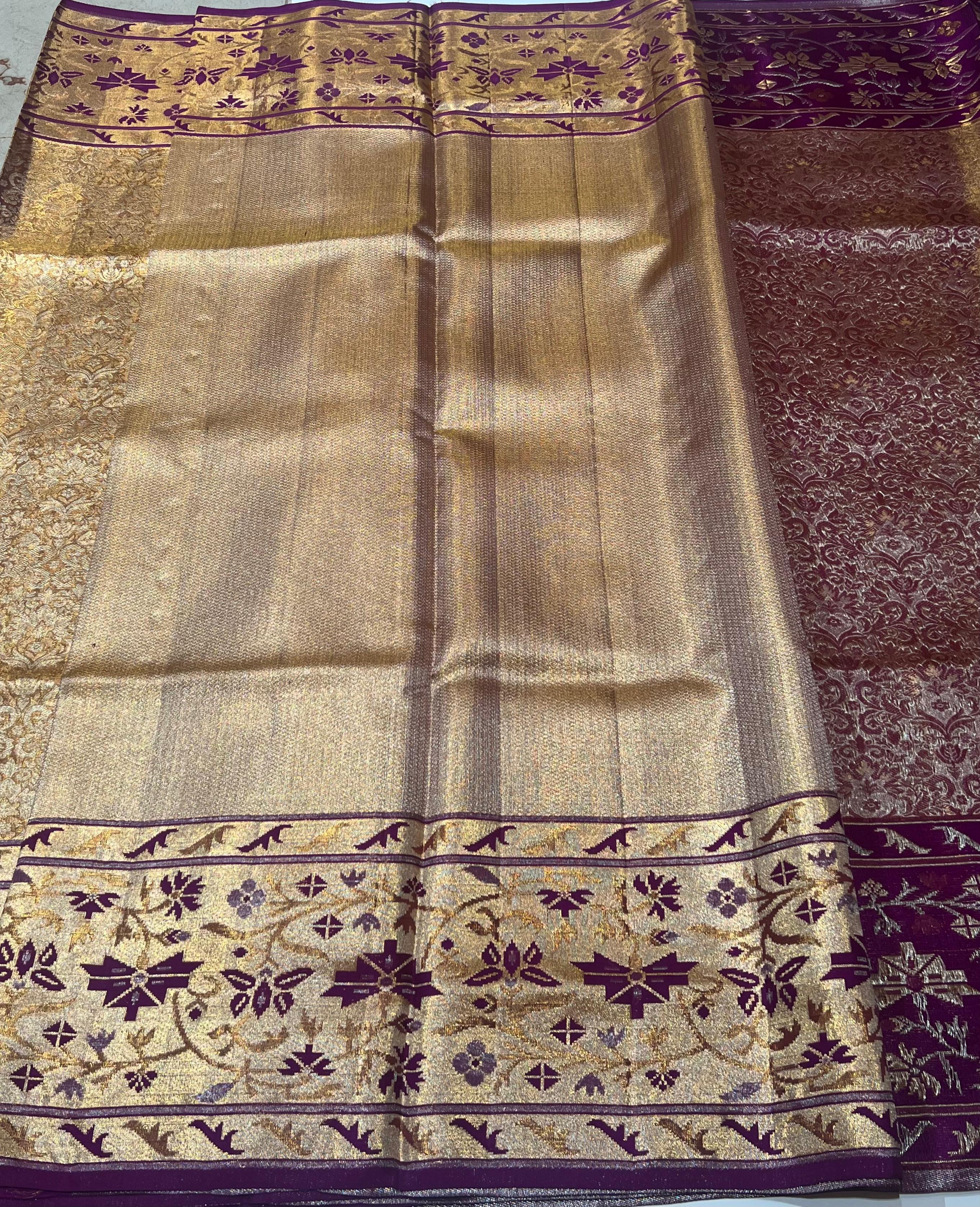 Golden and violet border Kanjeevaram silk saree